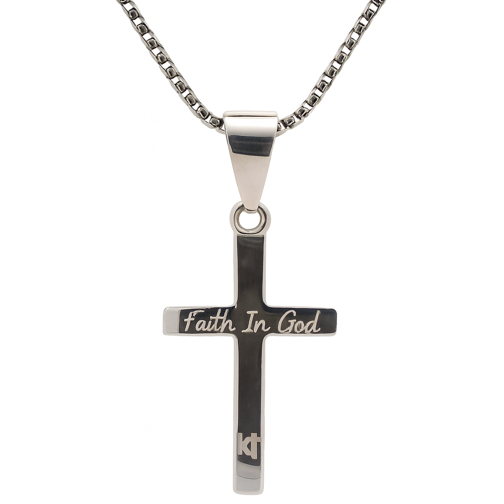 PX120 Steling Silver Rhodium Cross with "Faith in God" and "KT" engraved on the Back