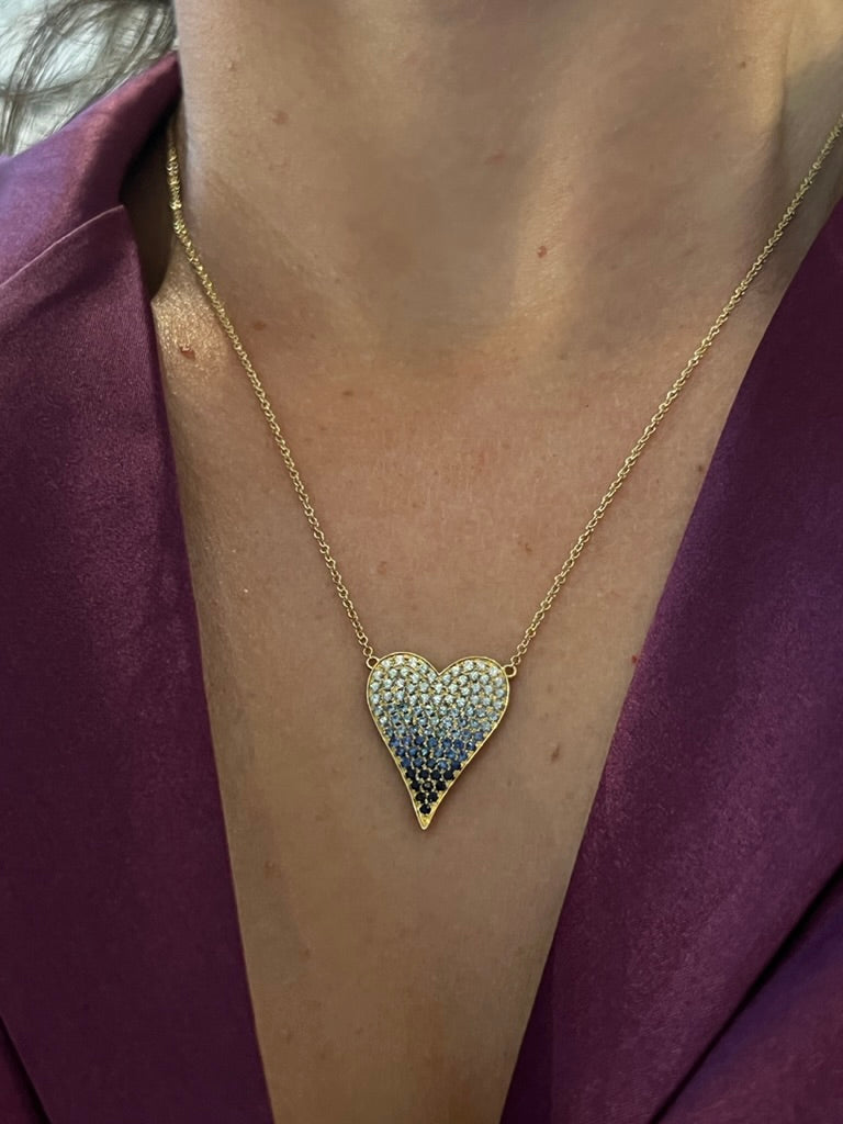 WD686 14kt Ombre pave set Blue Sapphire Heart Necklace Large