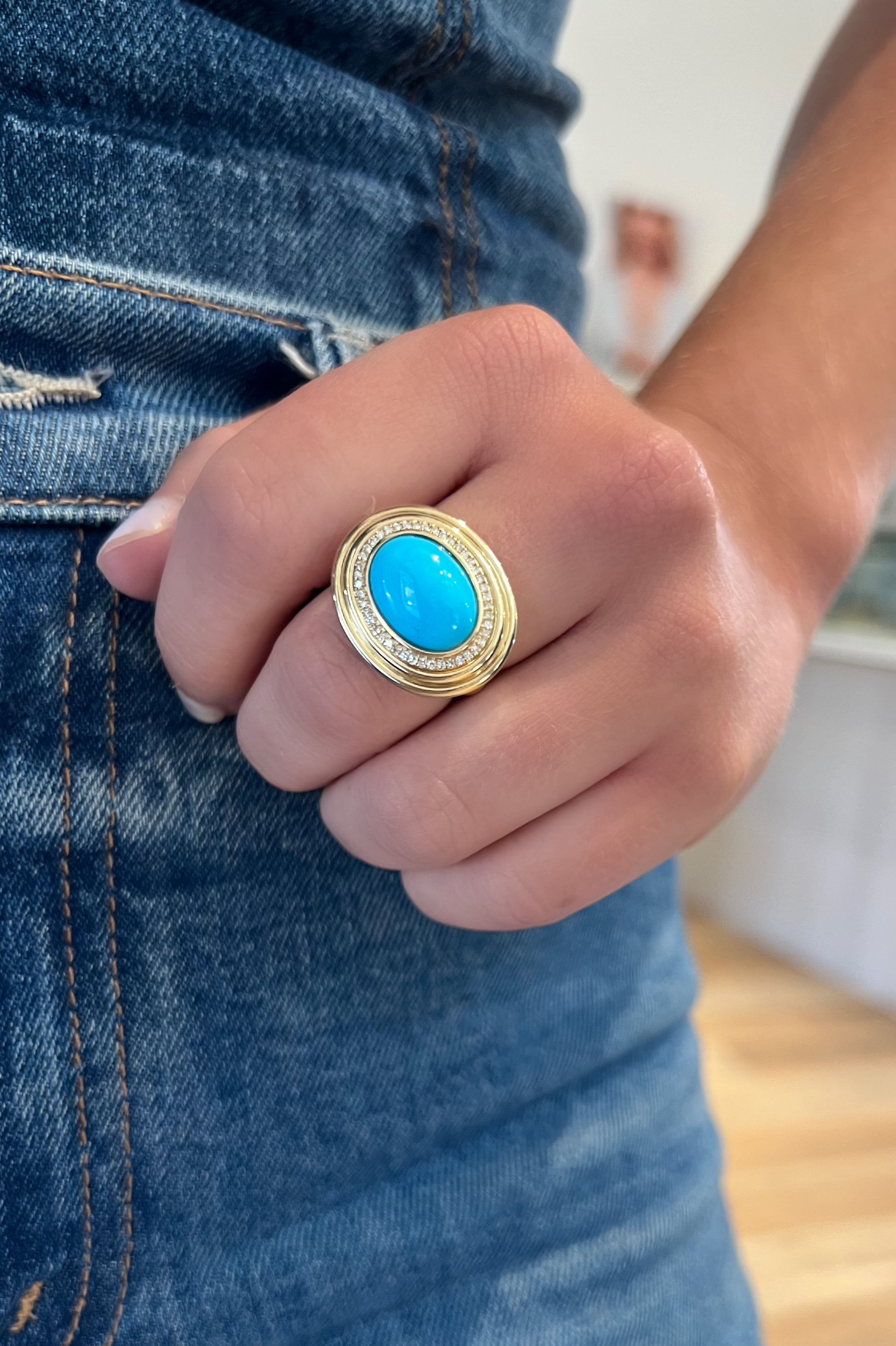 WD1967 14K Yellow Gold Turquoise & Diamond Statement Ring