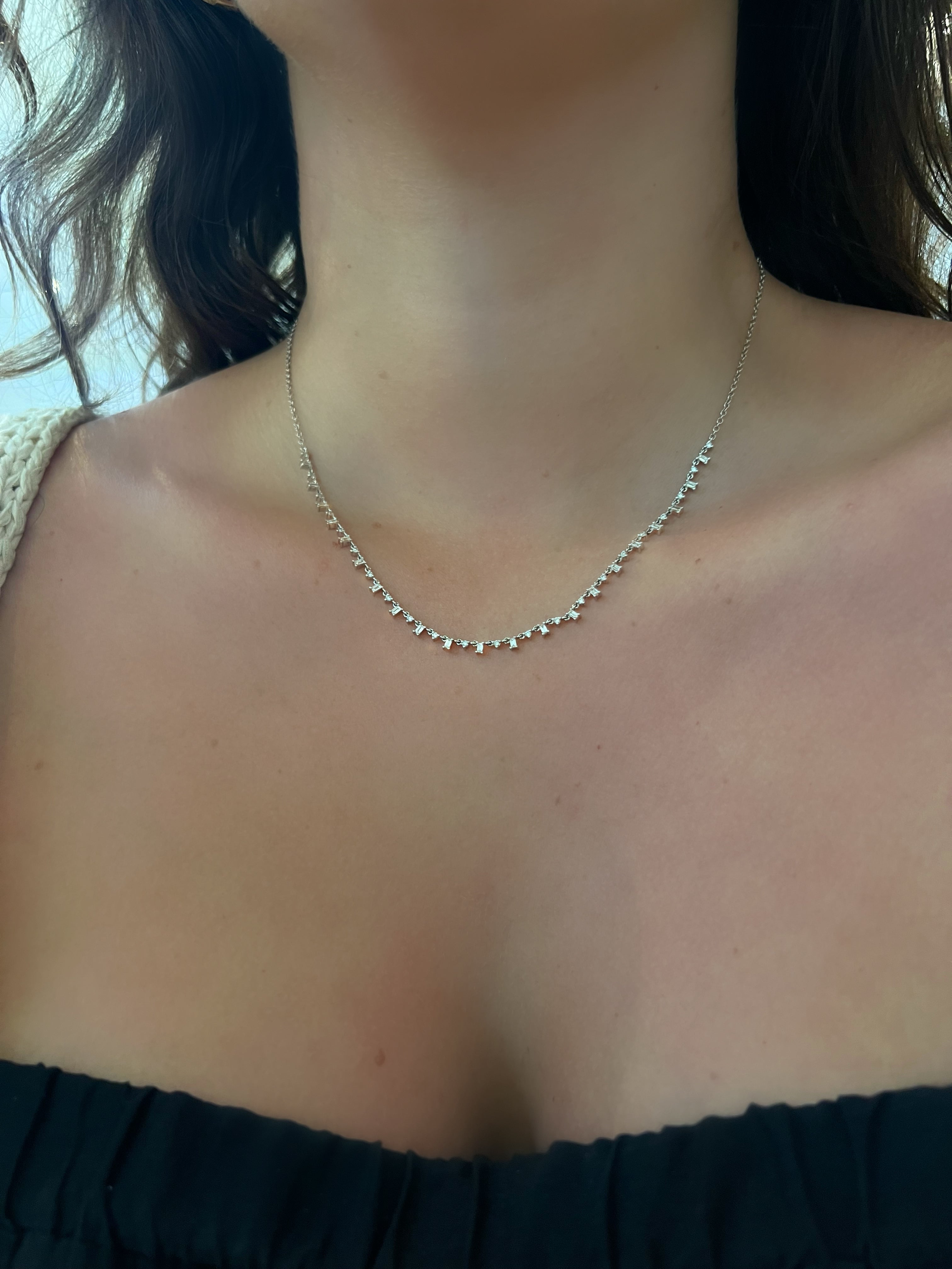 WD1787 14kt Gold Round and Baguette Diamond Semi Tennis Necklace