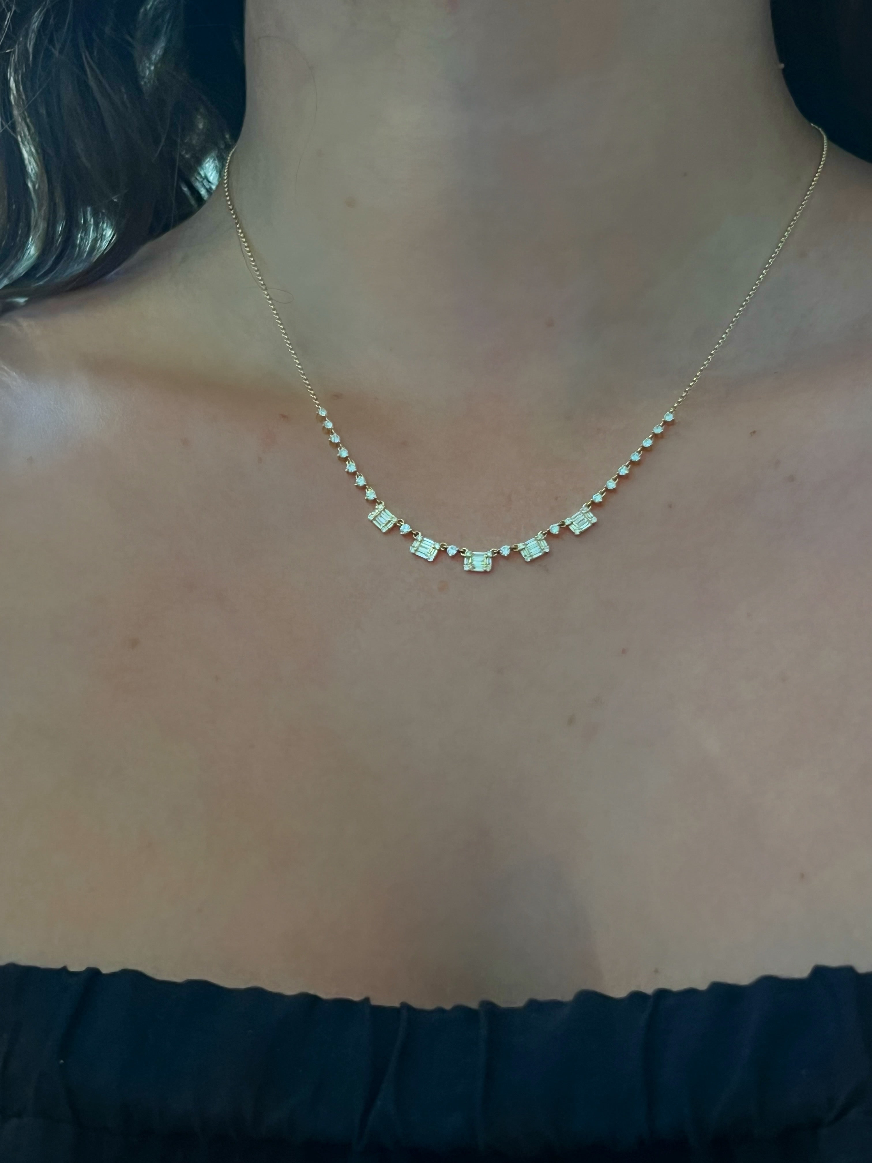 WD1786 14kt Gold Round and Baguette Diamond Semi Tennis Necklace