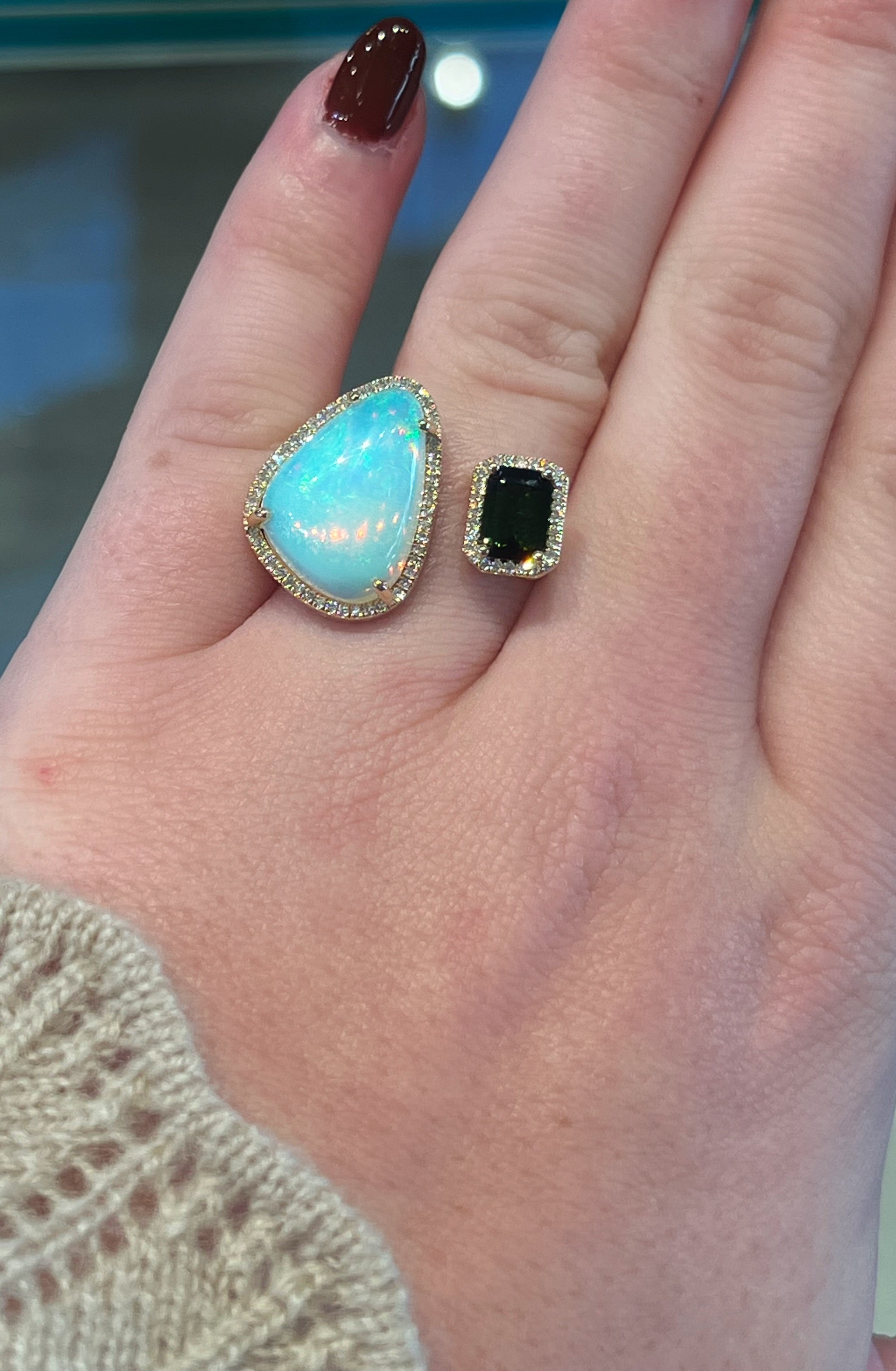 WD1884 14kt Gold Green Tourmaline and Opal Cuff Ring