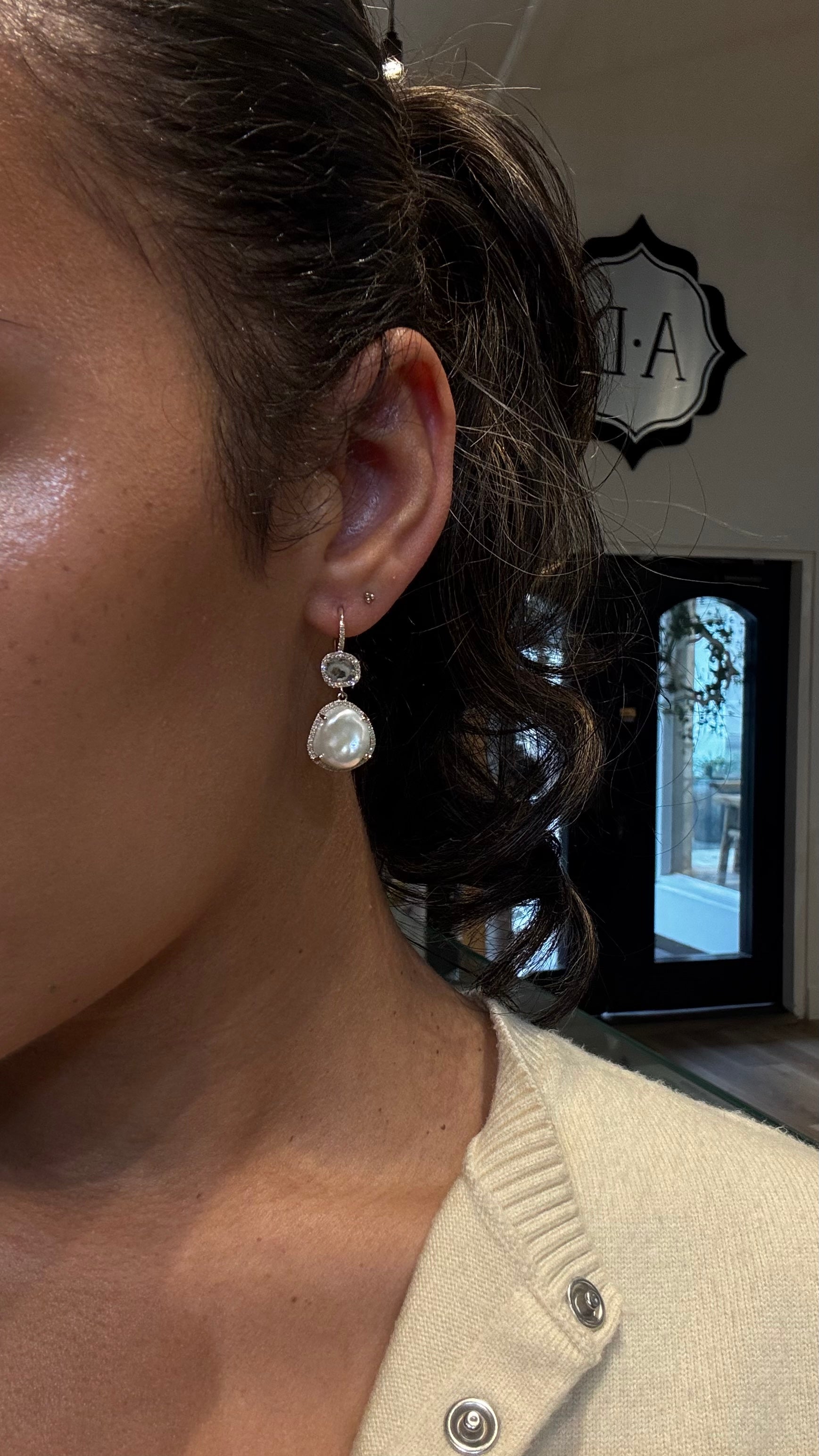 WD1913 14kt Gold Baroque Freshwater Pearls and sliced diamond with diamond halo earrings