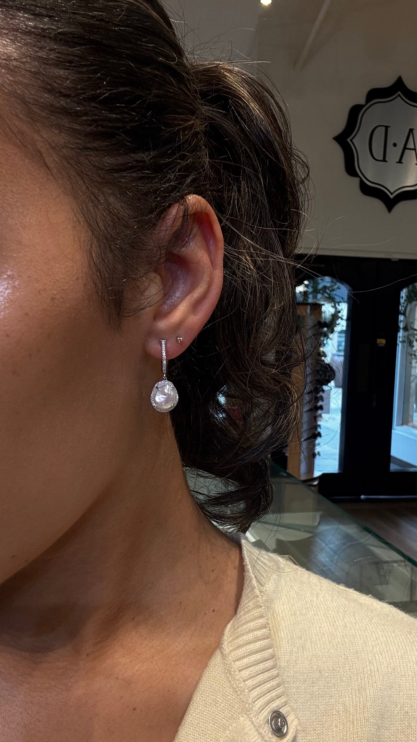 WD1912 14kt Gold Baroque Pearl Drop with Diamond Halo Earrings