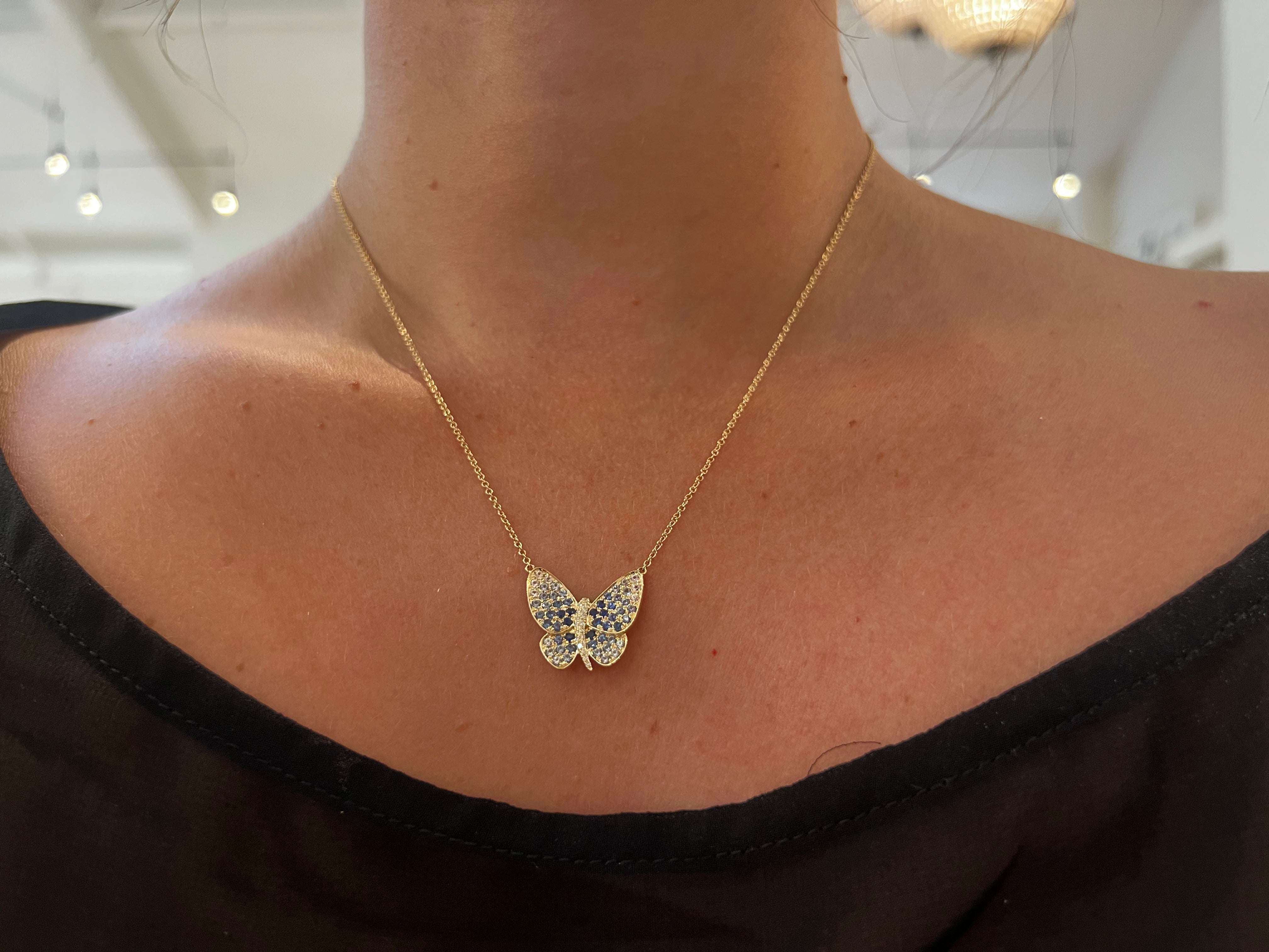 WD1324 14kt Gold Ombre White and Blue Sapphire Butterfly Necklace