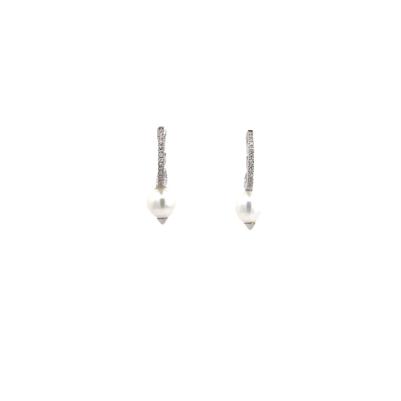 WD694 14kt pave huggie hoop .08ct pearl drop