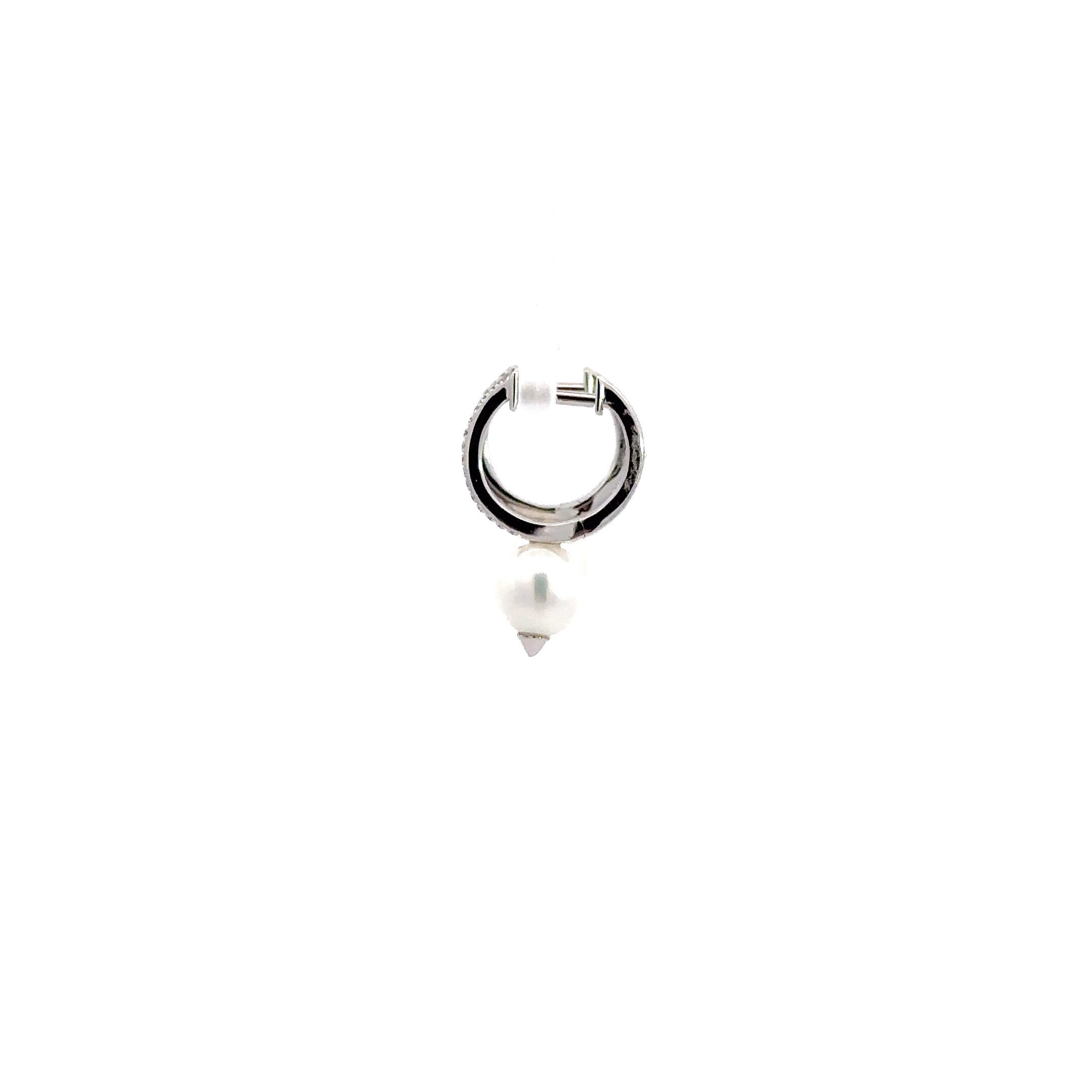 WD694 14kt pave huggie hoop .08ct pearl drop