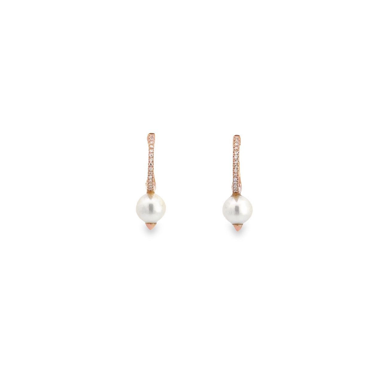 WD694 14kt pave huggie hoop .08ct pearl drop
