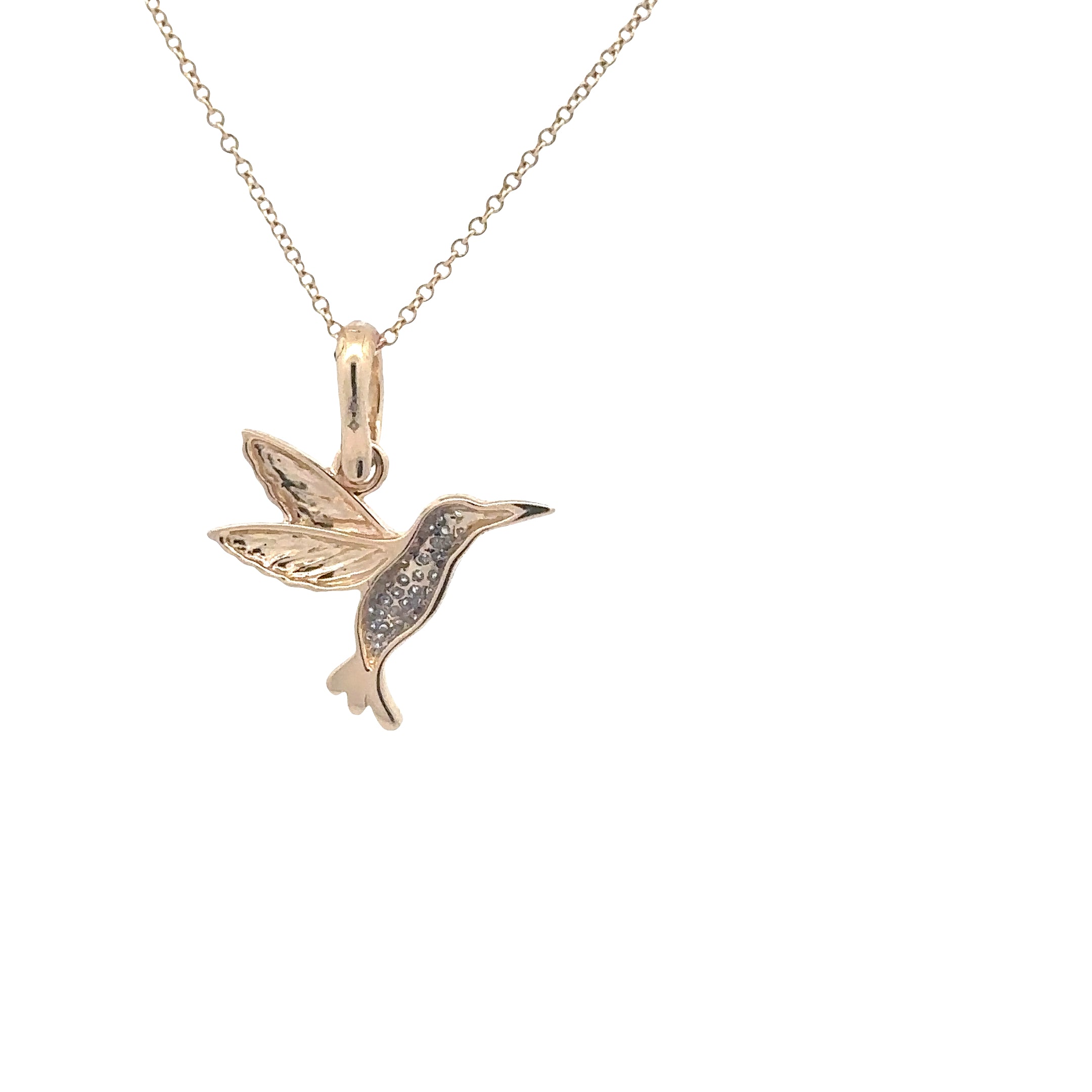 WD1823 14kt gold Pave set diamond humming bird with emerald eye pendant