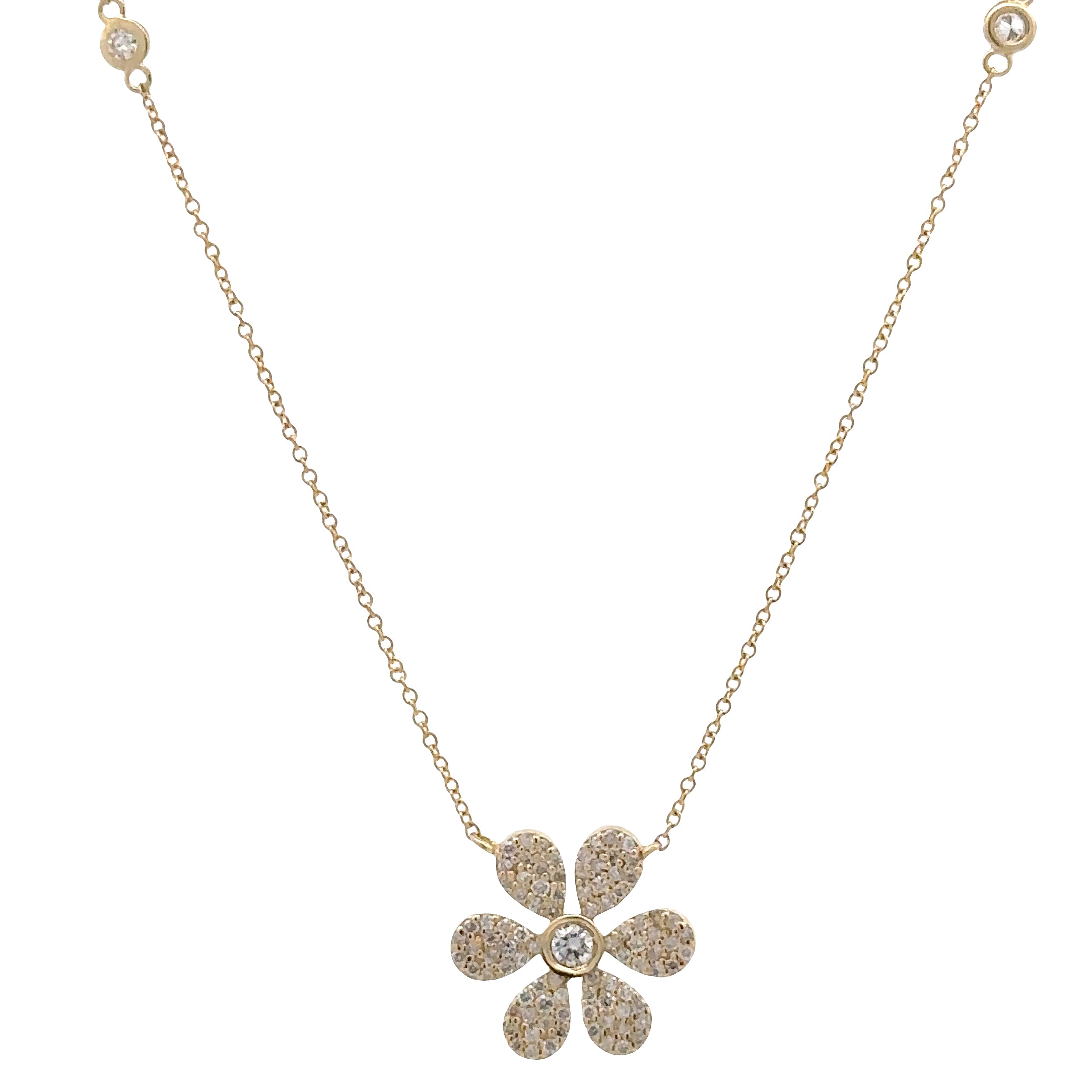 WD1741 14kt Gold and Pave Diamond Flower Necklace