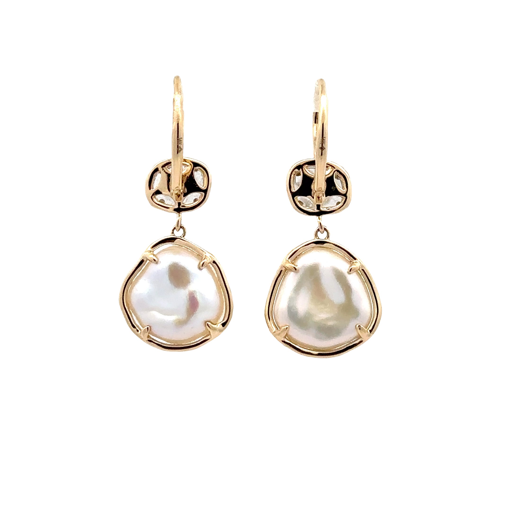 WD1913 14kt Gold Baroque Freshwater Pearls and sliced diamond with diamond halo earrings