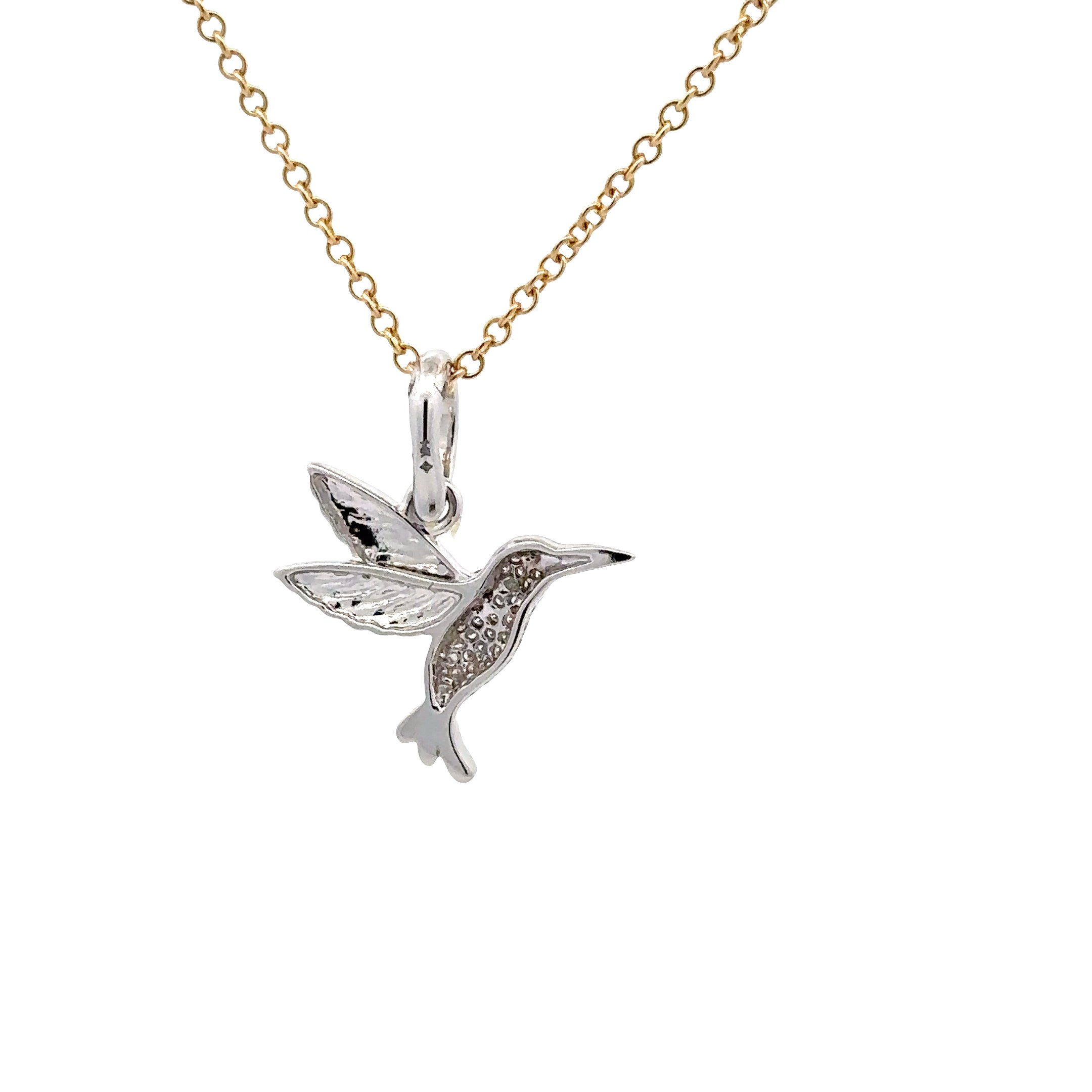 WD1823 14kt Gold Pave set diamond humming bird with Sapphire eye pendant