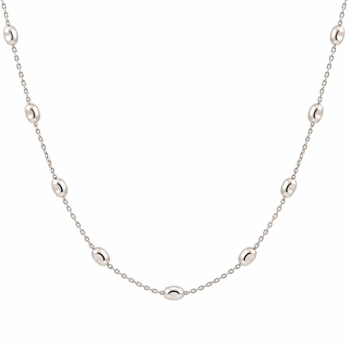 14KT white gold oval station necklace featuring evenly spaced polished gold beads along a delicate chain.