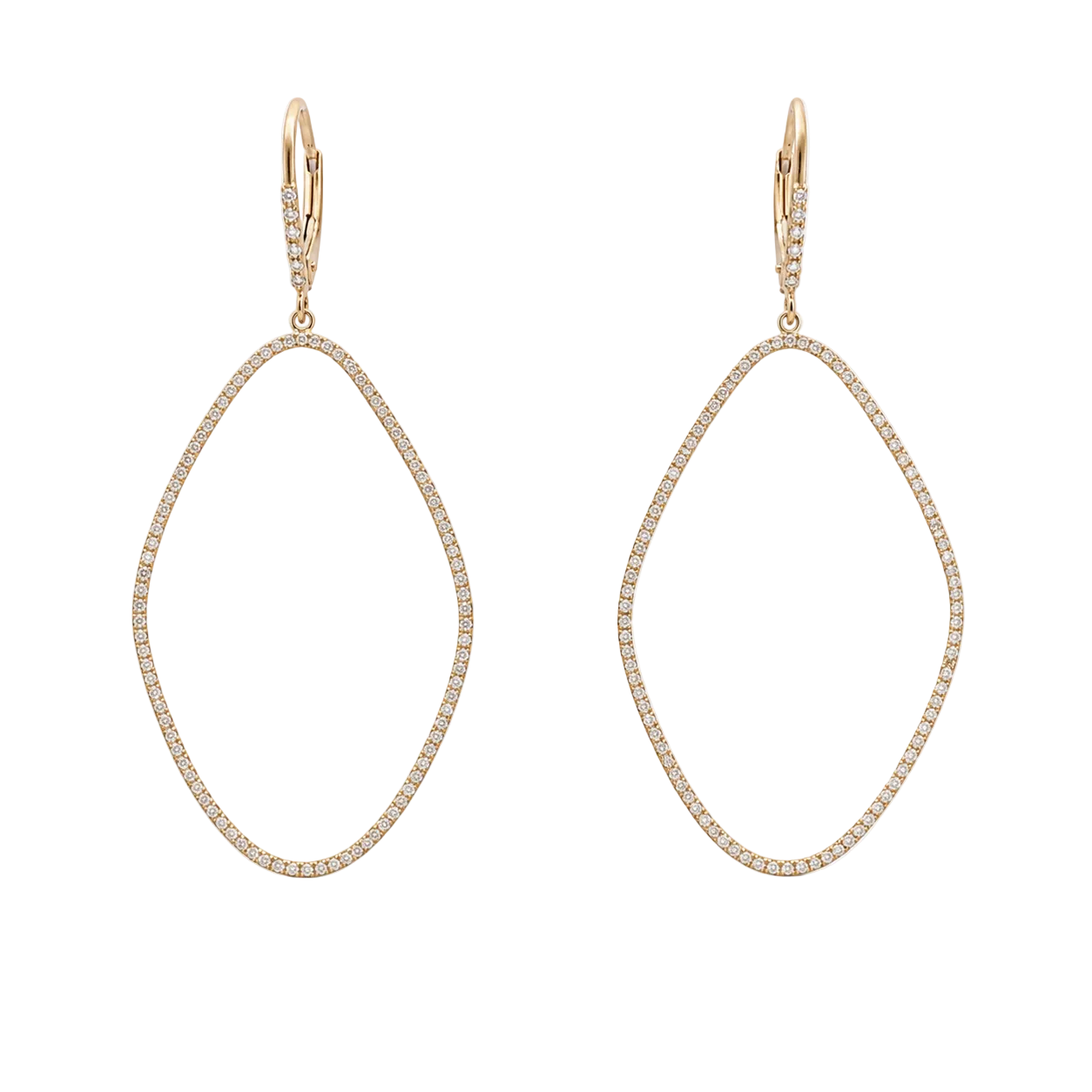 14K gold organic shaped shared-prong diamond drop earrings with diamond leverback closures