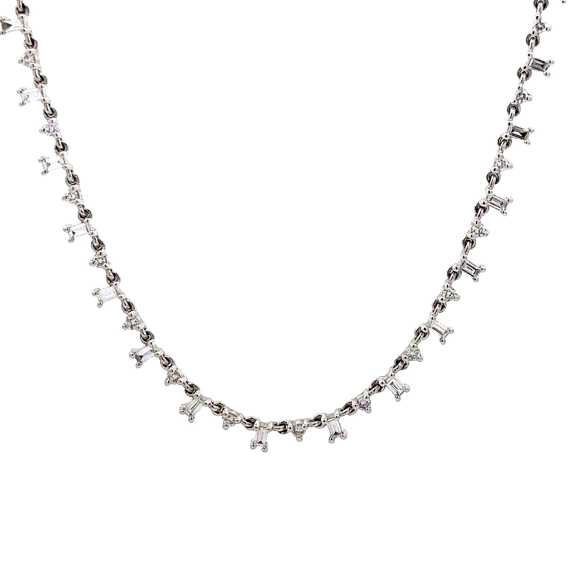 WD1787 14kt Gold Round and Baguette Diamond Semi Tennis Necklace