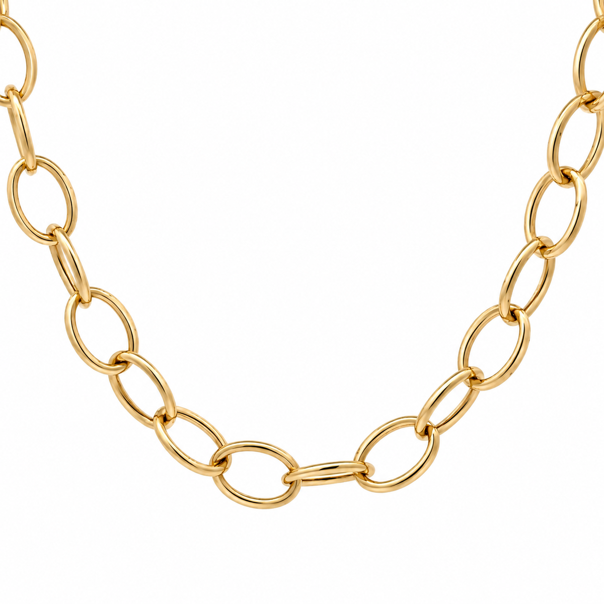 14KT yellow gold oval link chain necklace with elongated open links and a polished finish on a white background.