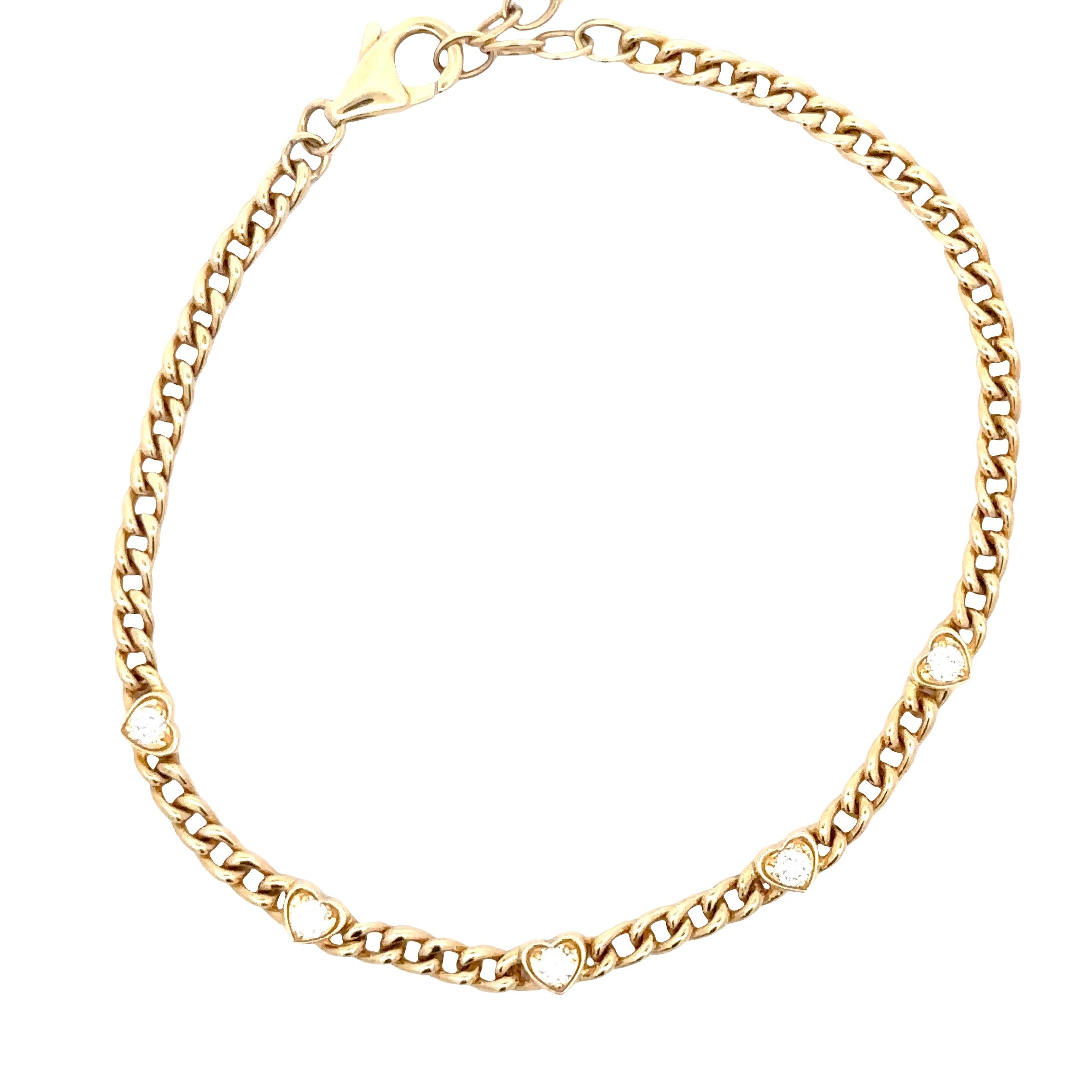WD1900 14kt Gold Cubin Chain Bracelet with 5 Herat shaped Bezel Diamonds