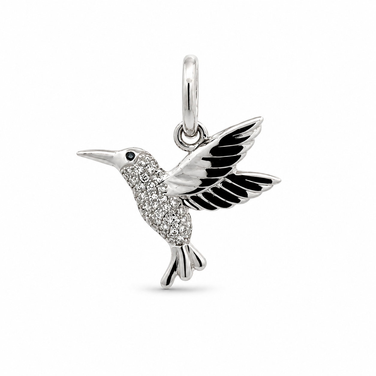 WD1823 14kt Gold Pave set diamond humming bird with Sapphire eye pendant