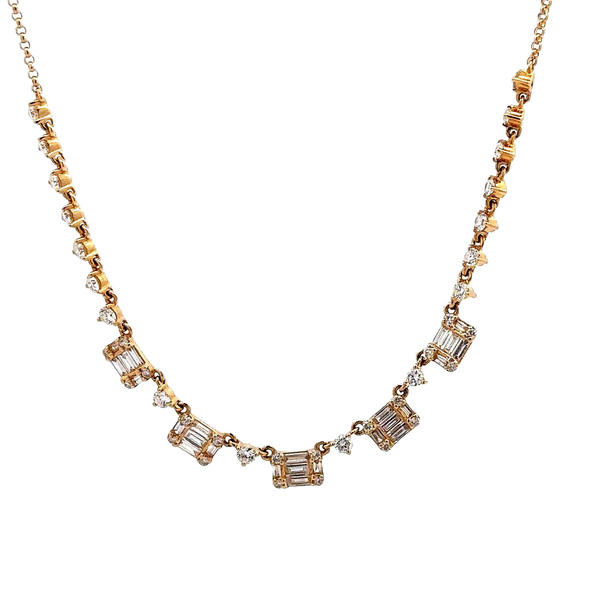 WD1786 14kt Gold Round and Baguette Diamond Semi Tennis Necklace