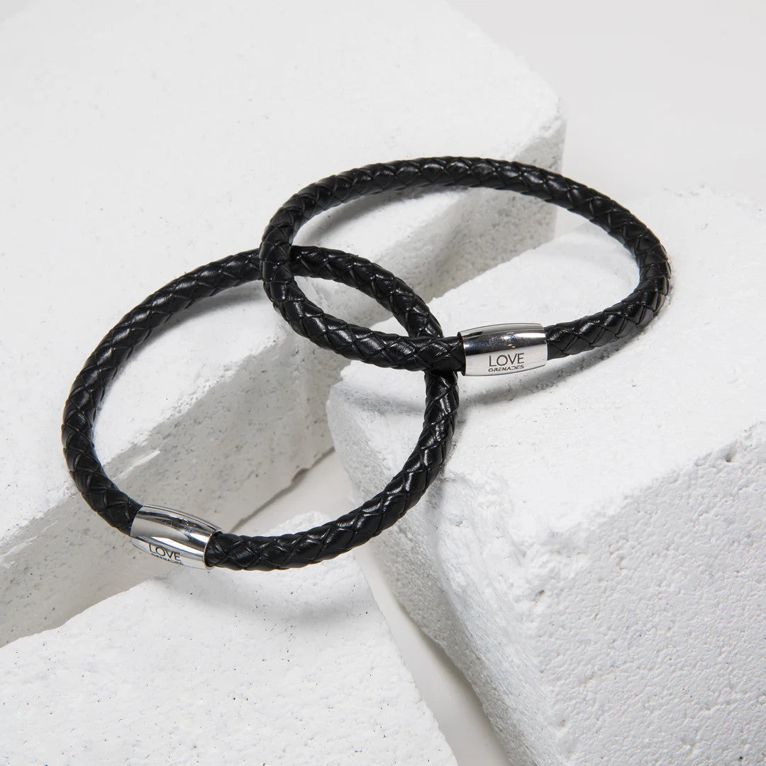 Lg106 LOVE Grenades Stainless with Woven Black leather bracelet