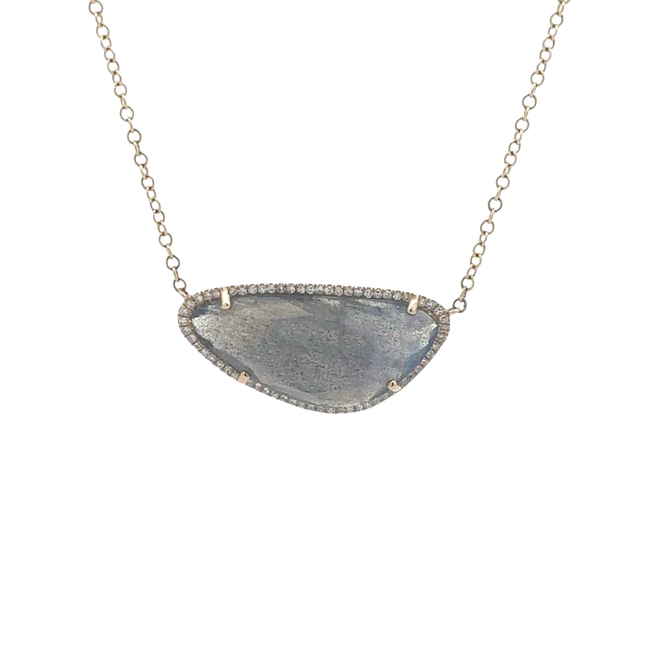 WD1820 14kt Gold Organic Shaped Labradorite with Diamond Halo Necklace