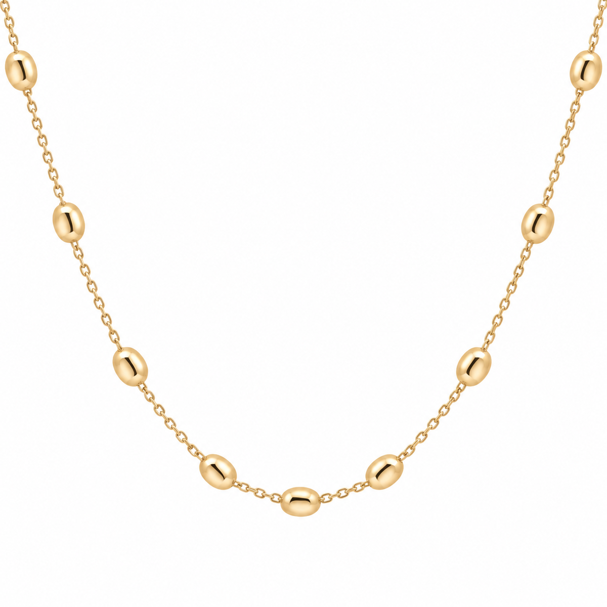 14KT yellow gold oval station necklace featuring evenly spaced polished gold beads along a delicate chain.