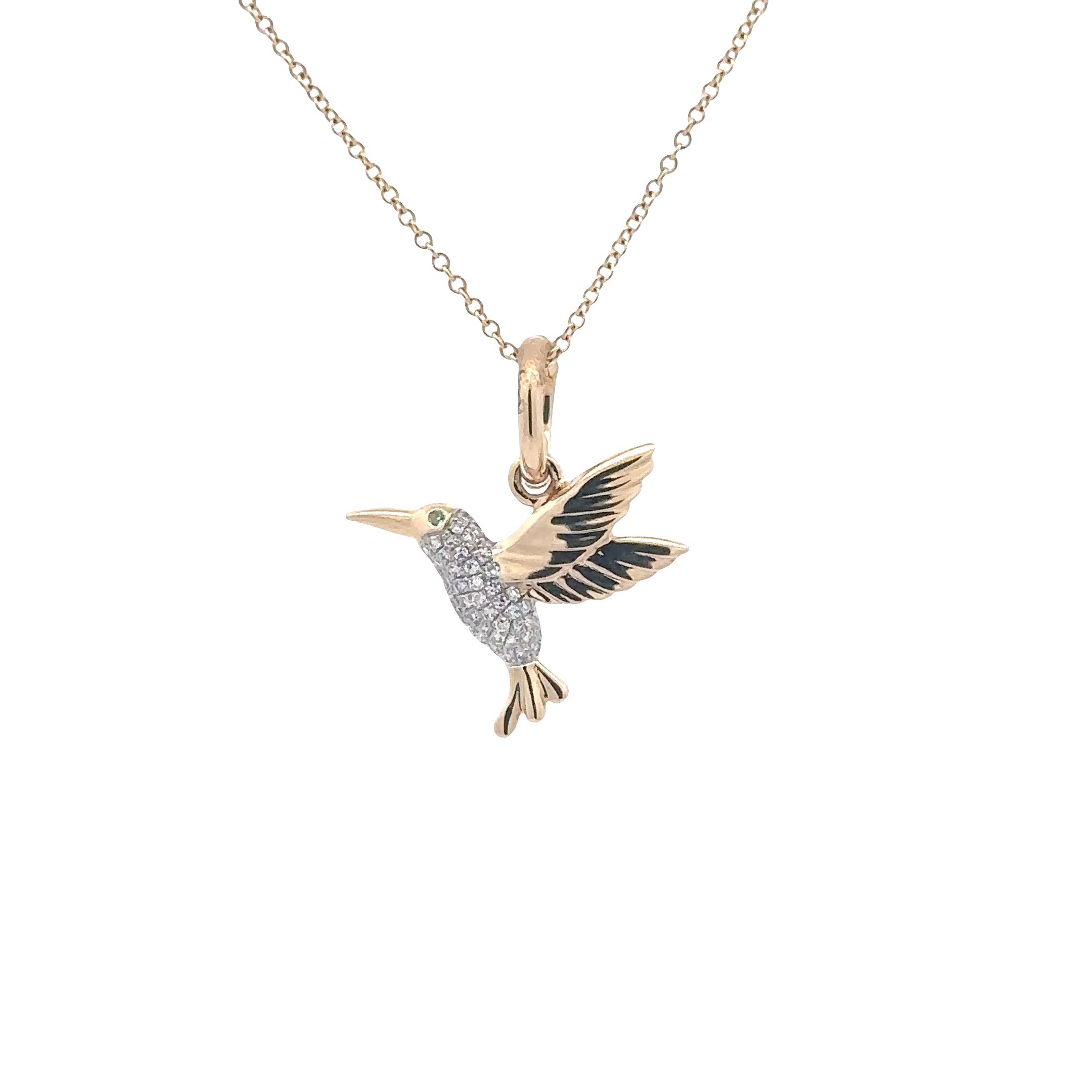 WD1823 14kt gold Pave set diamond humming bird with emerald eye pendant