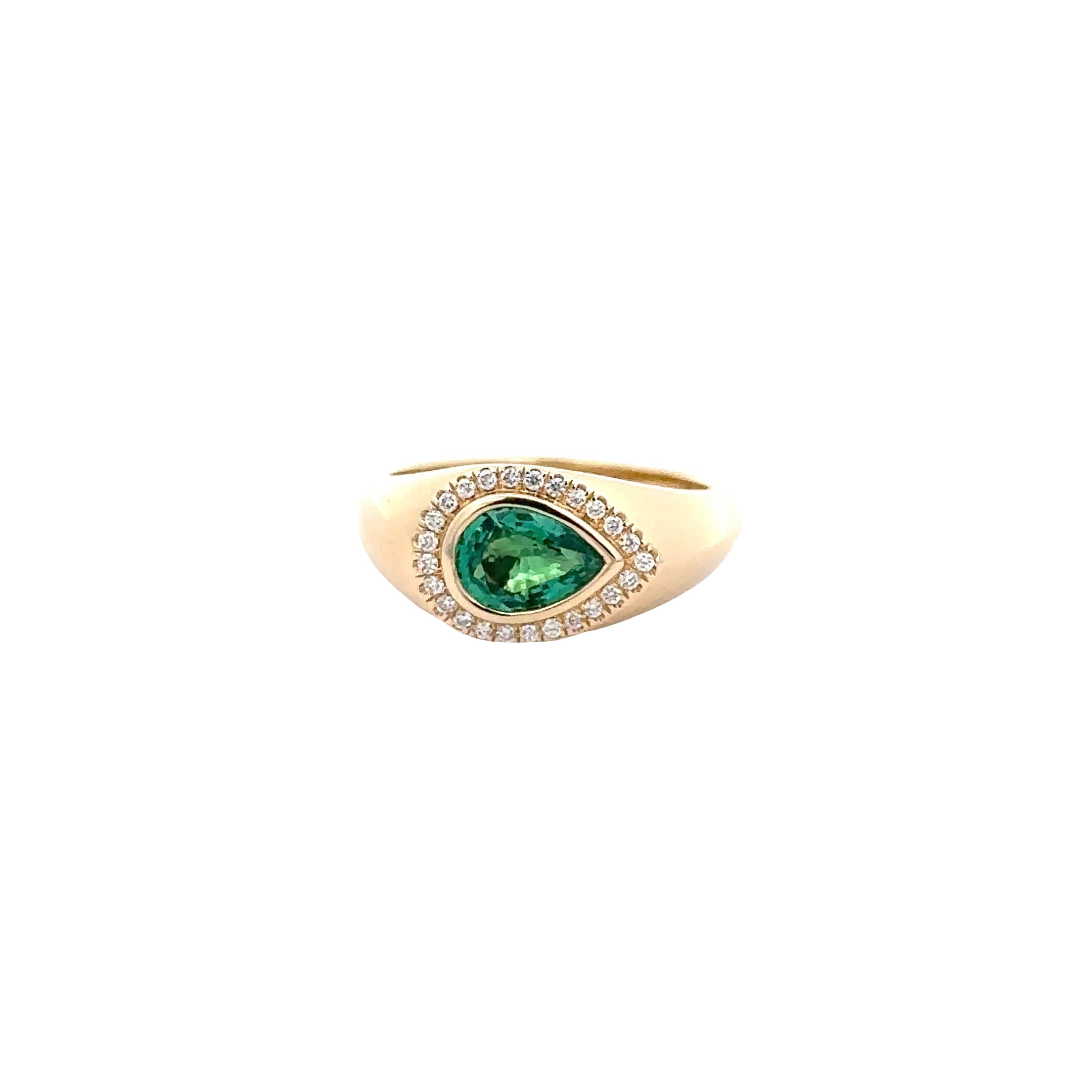 WD1916 14kt Yellow Gold Pear Shaped Emerald with Diamond Halo Cigar Band