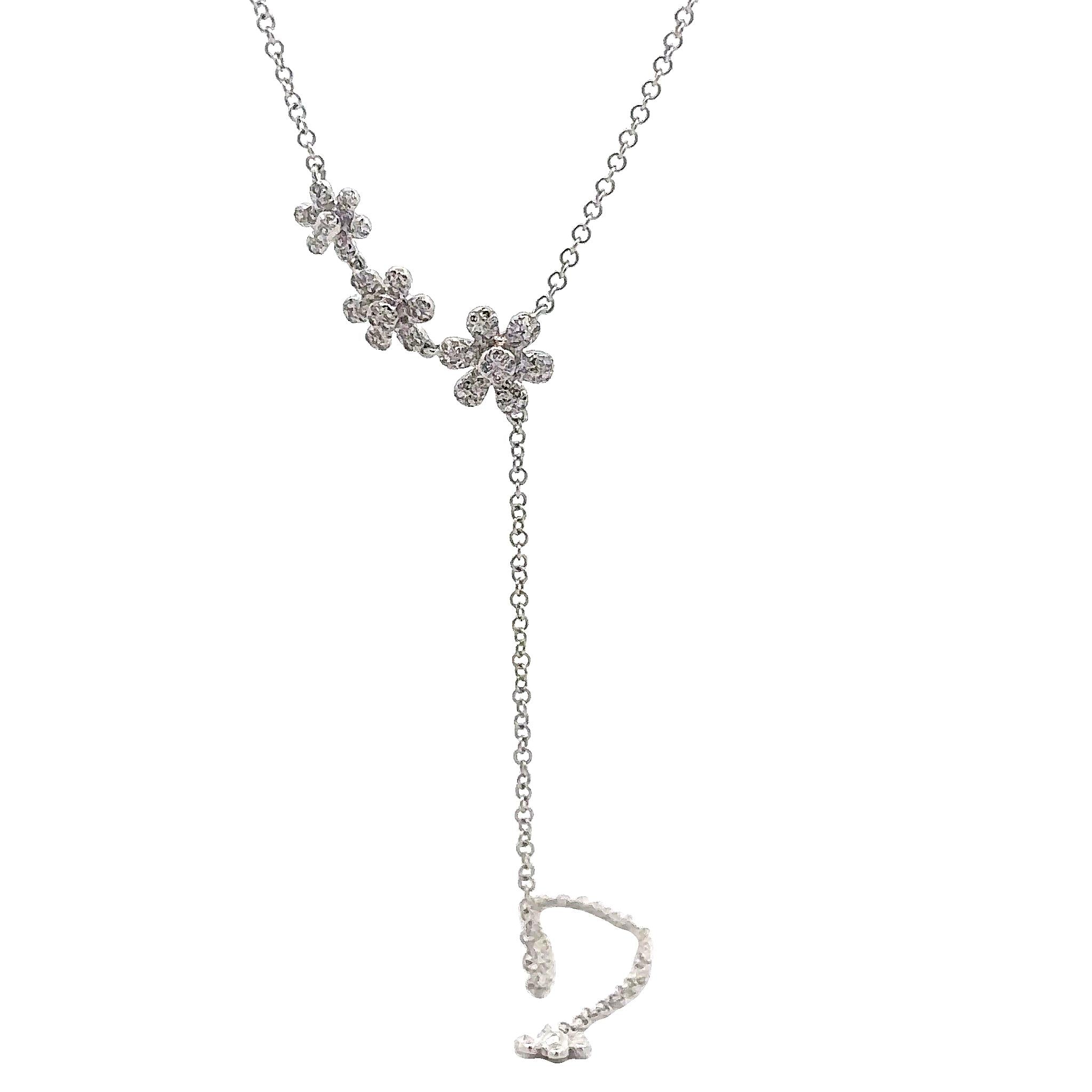 WD1790 14kt Gold Pave Diamond Flower Lariat Necklace