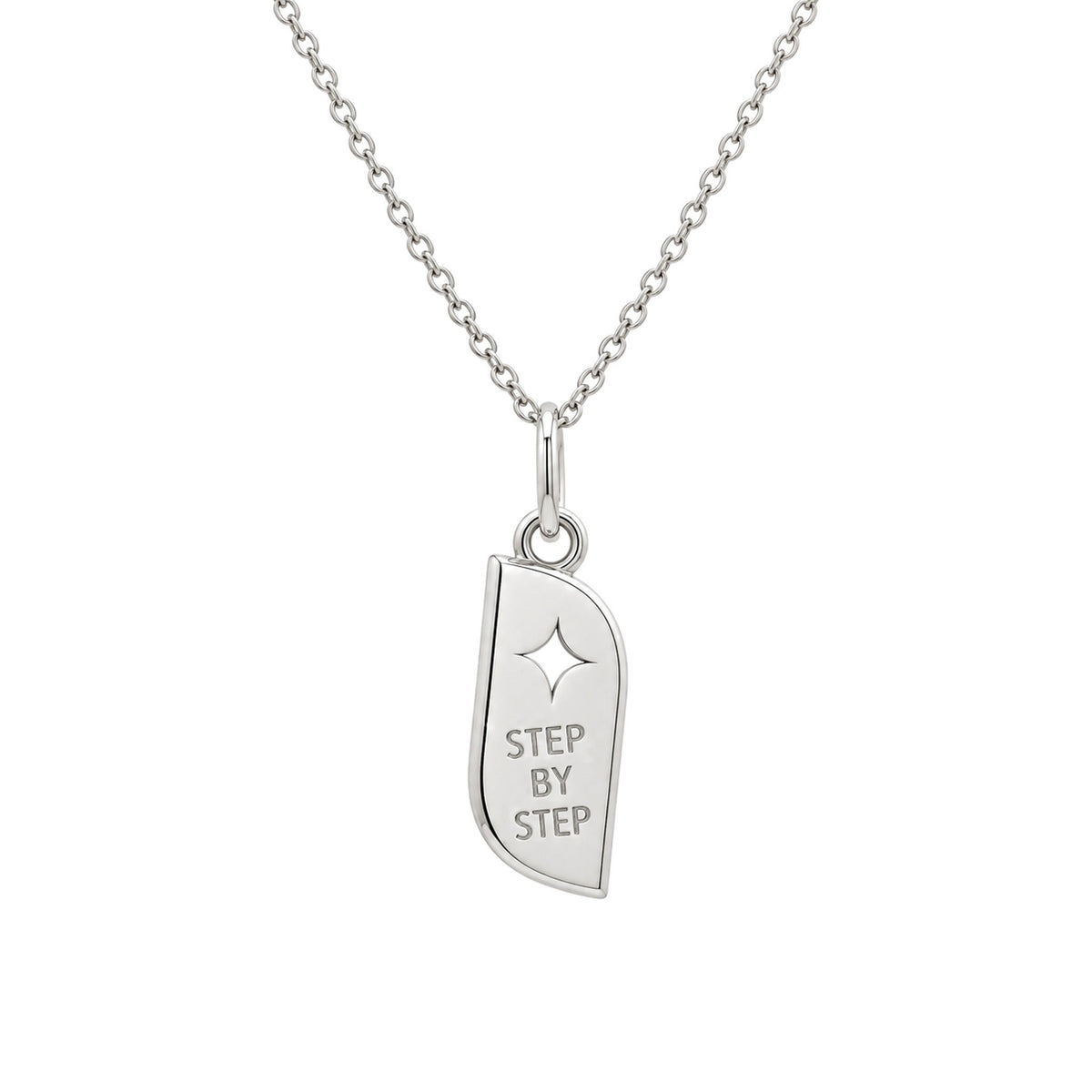 Back of the STEPS Necklace in sterling silver, engraved Step by Step