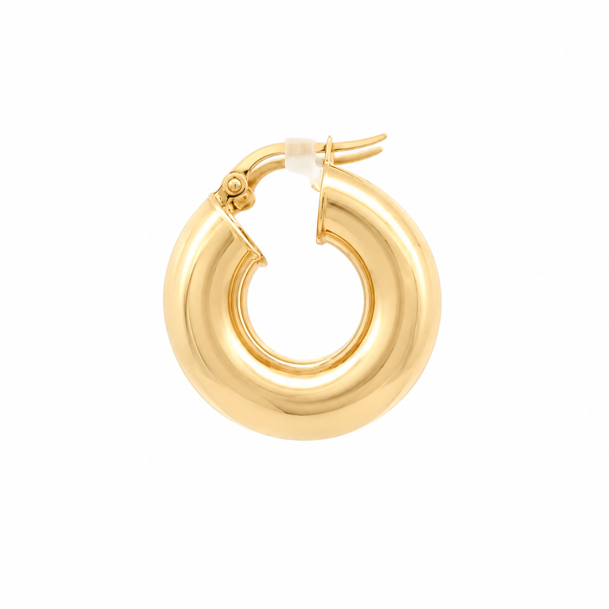 Side view of a polished yellow gold chunky hoop earring showing its rounded profile and hinged clasp.