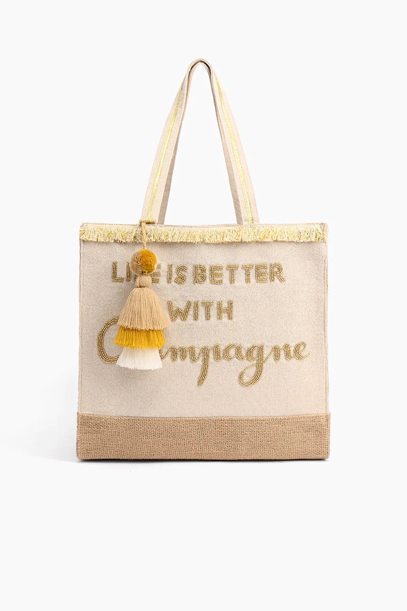 AB21-390 America & Beyond Champagne Forever Tote-Hand Beaded Jute Tote For Women