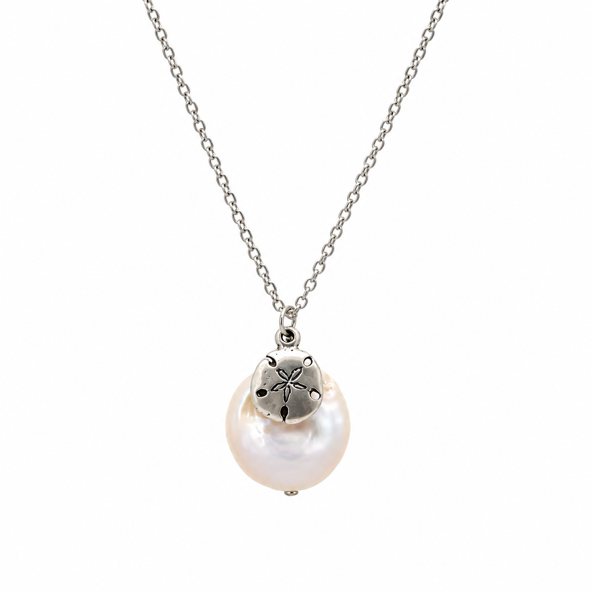 Team Quinn Sterling Silver Sand Dollar and Fresh Water Pearl Necklace