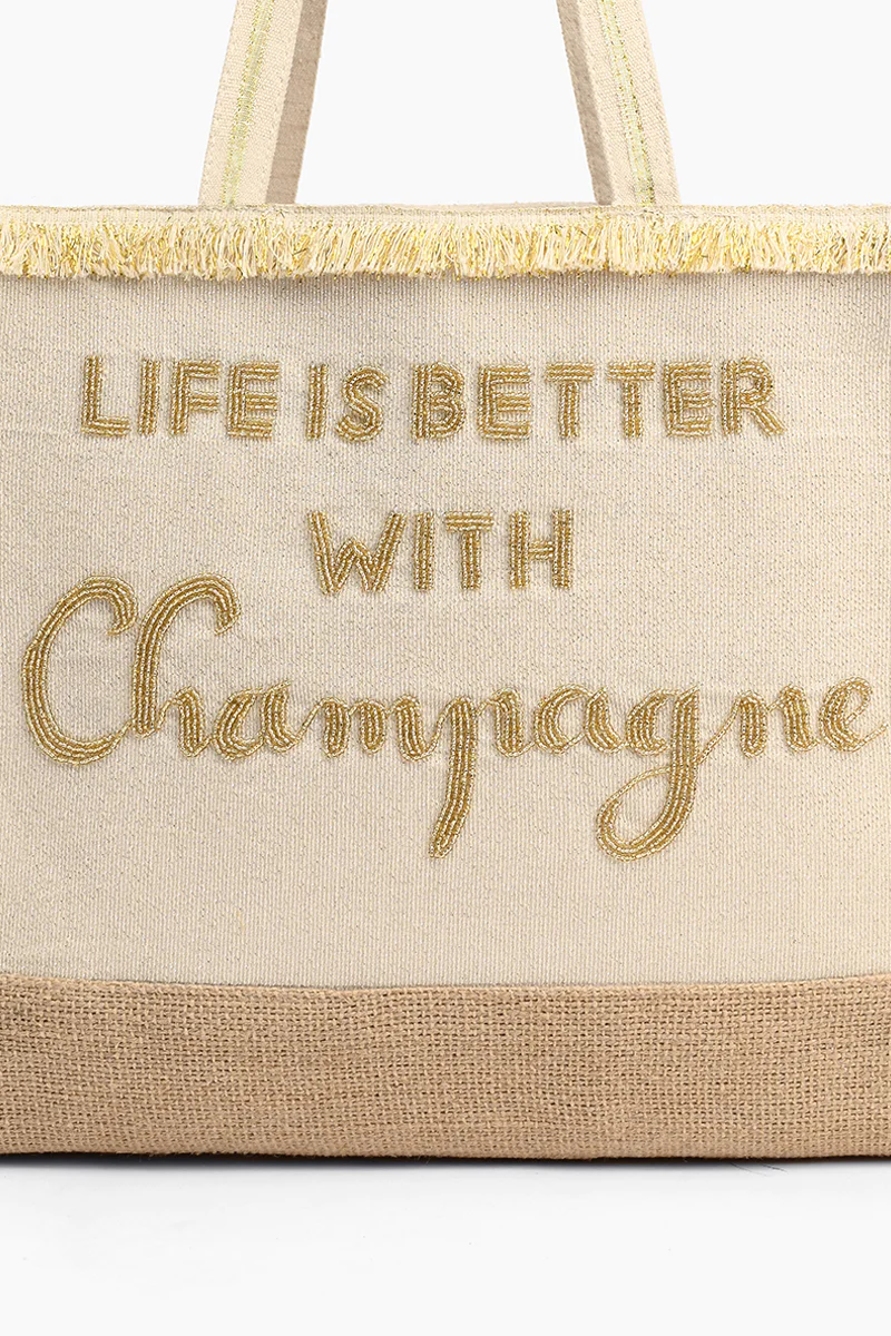 AB21-390 America & Beyond Champagne Forever Tote-Hand Beaded Jute Tote For Women