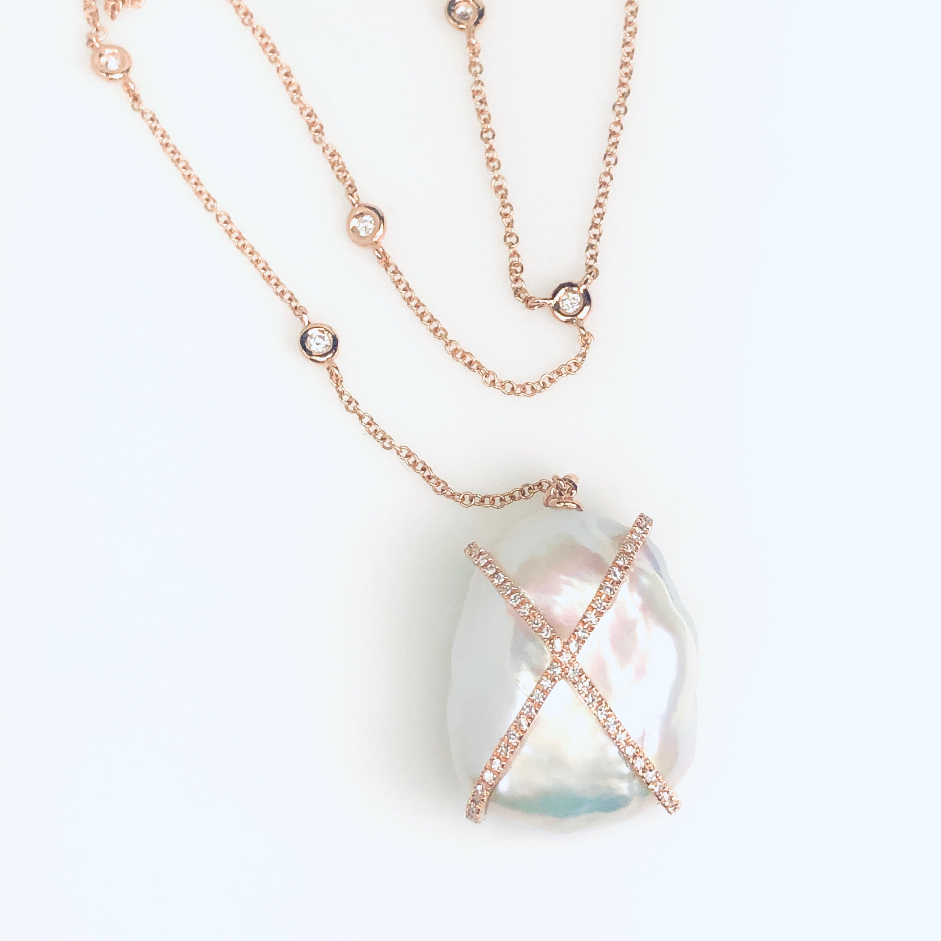 WD481, 14kt gold, .49ct diamond and pearl lariat necklace