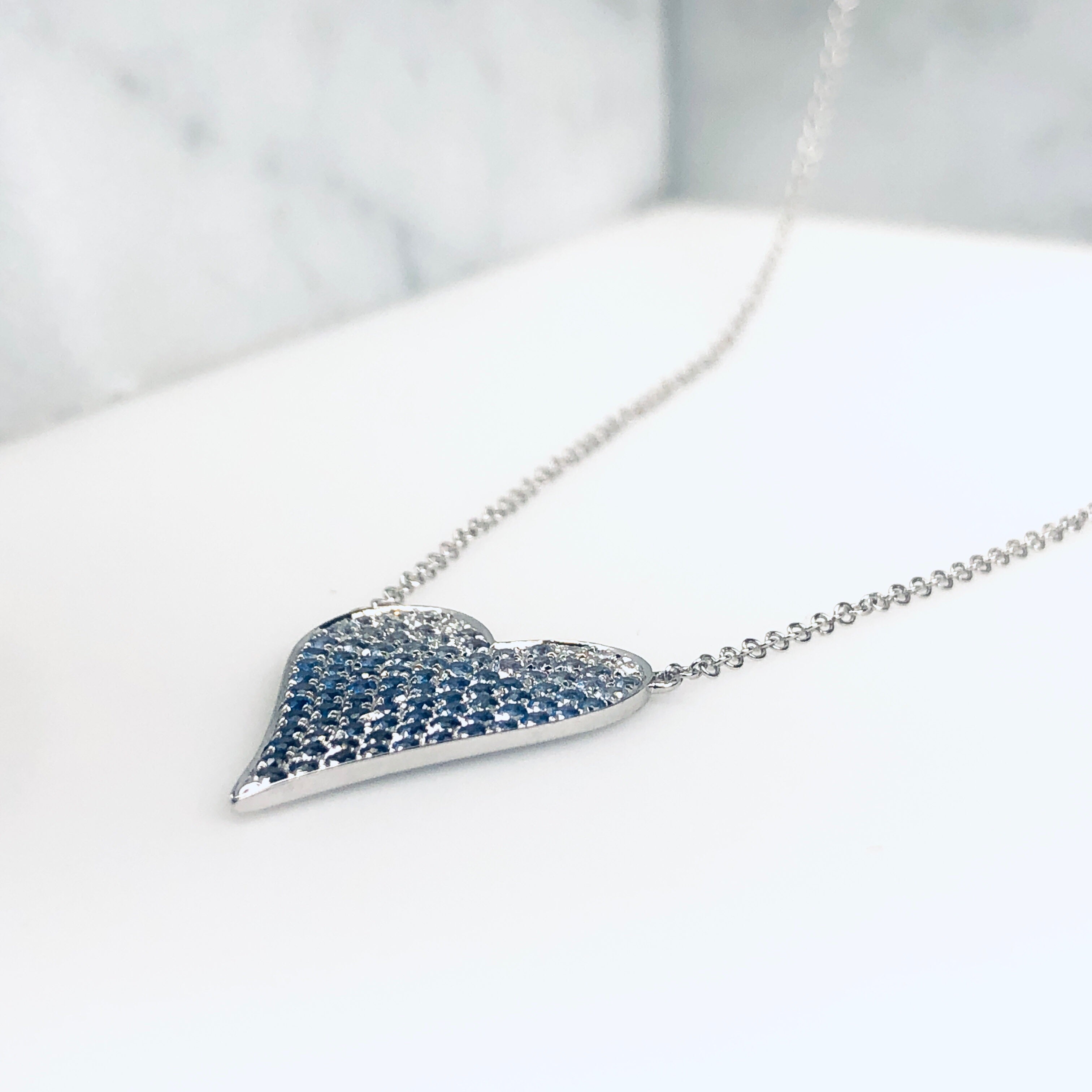 WD686 14kt Ombre pave set Blue Sapphire Heart Necklace Large