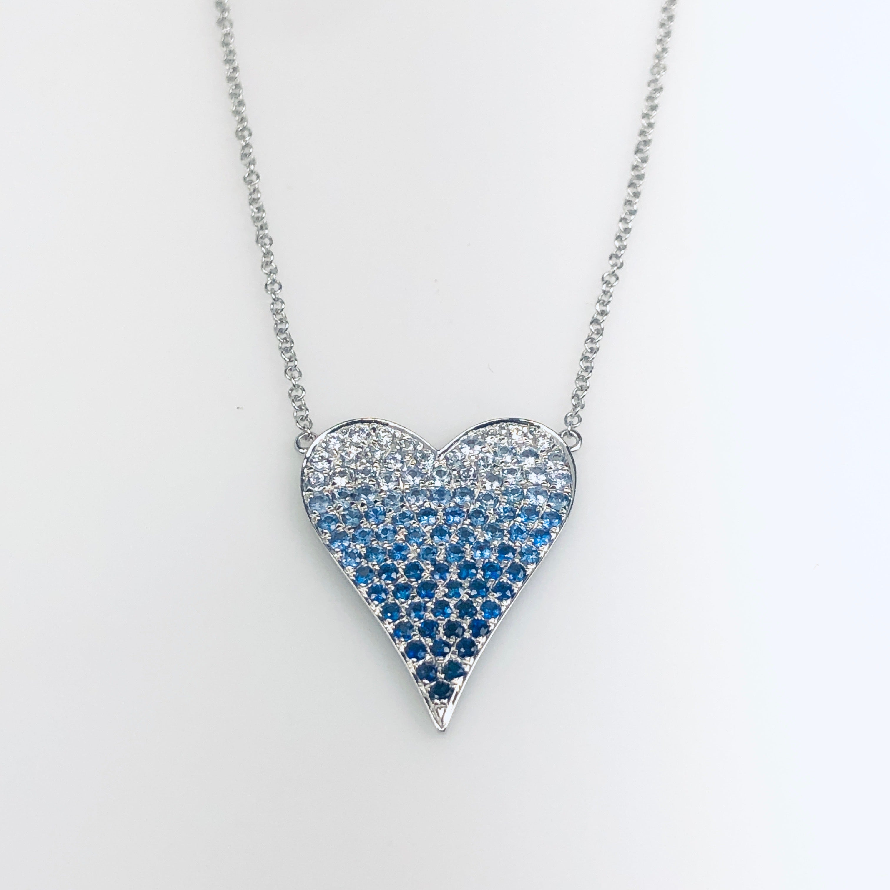 WD686 14kt Ombre pave set Blue Sapphire Heart Necklace Large