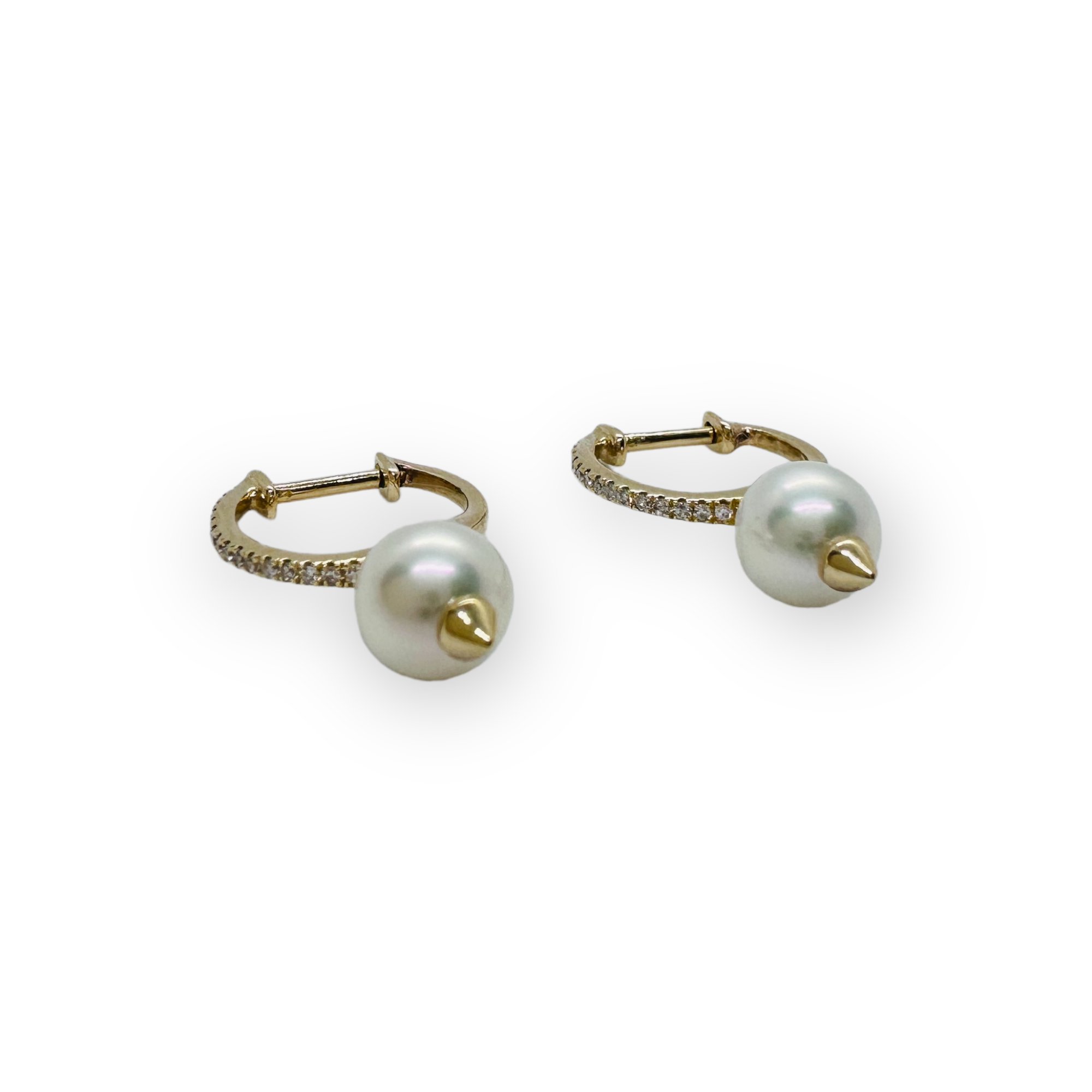 WD694 14kt pave huggie hoop .08ct pearl drop