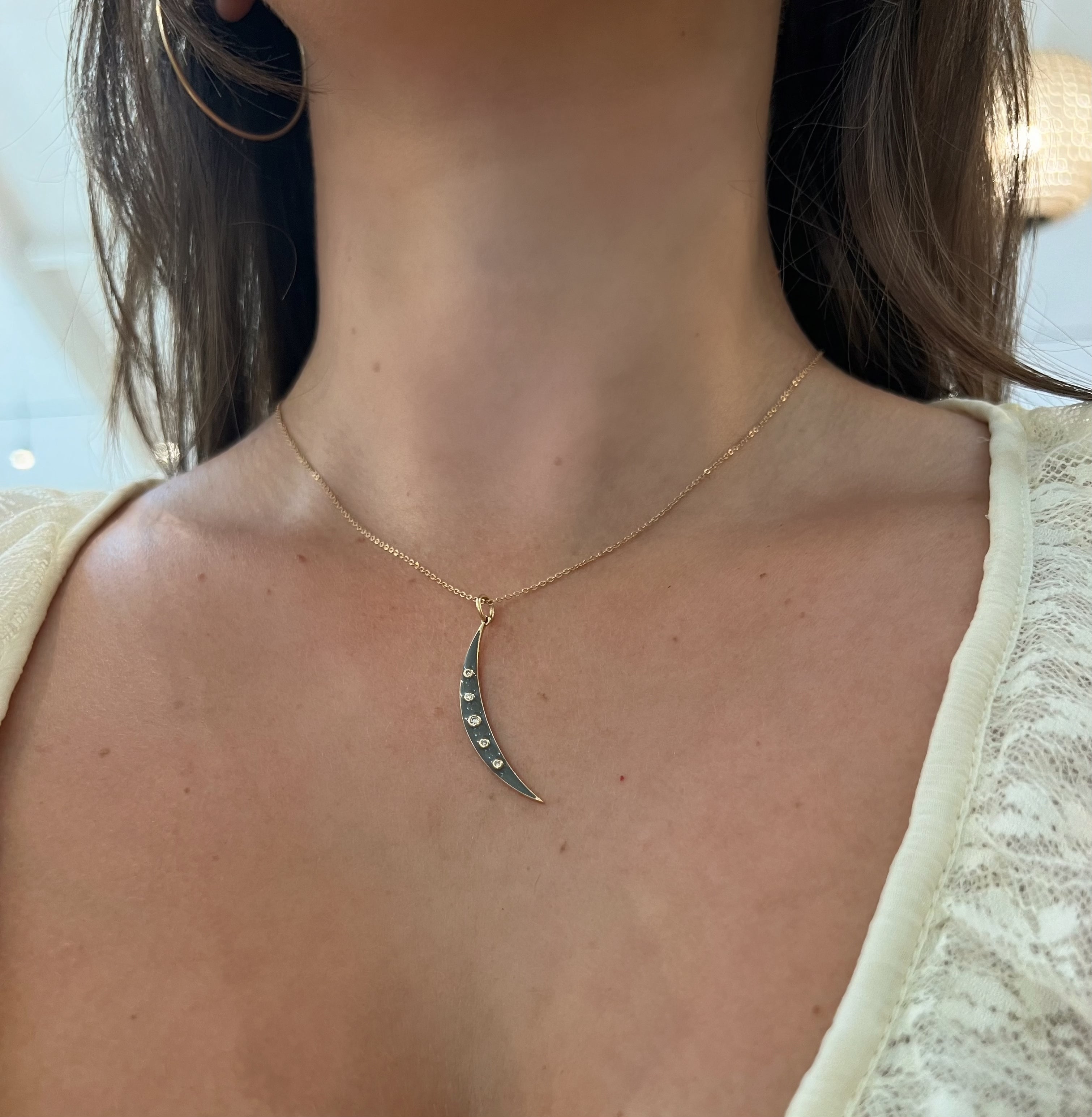 WD1803 14kt Gold Crescent Moon with Grey Enamel and Diamonds