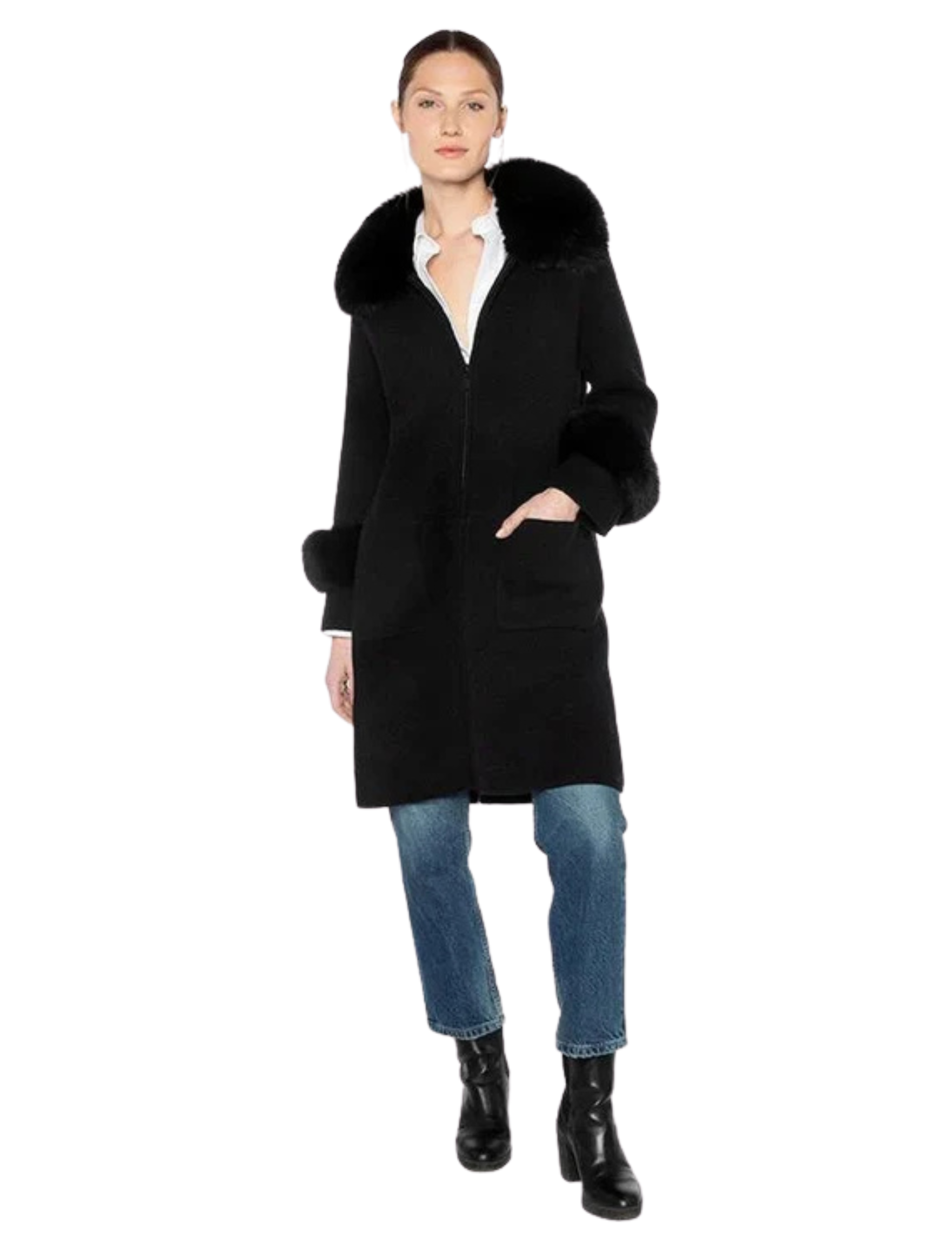 LFSJ5-186b KINROSS S/L Fur Trim Zip Cardigan