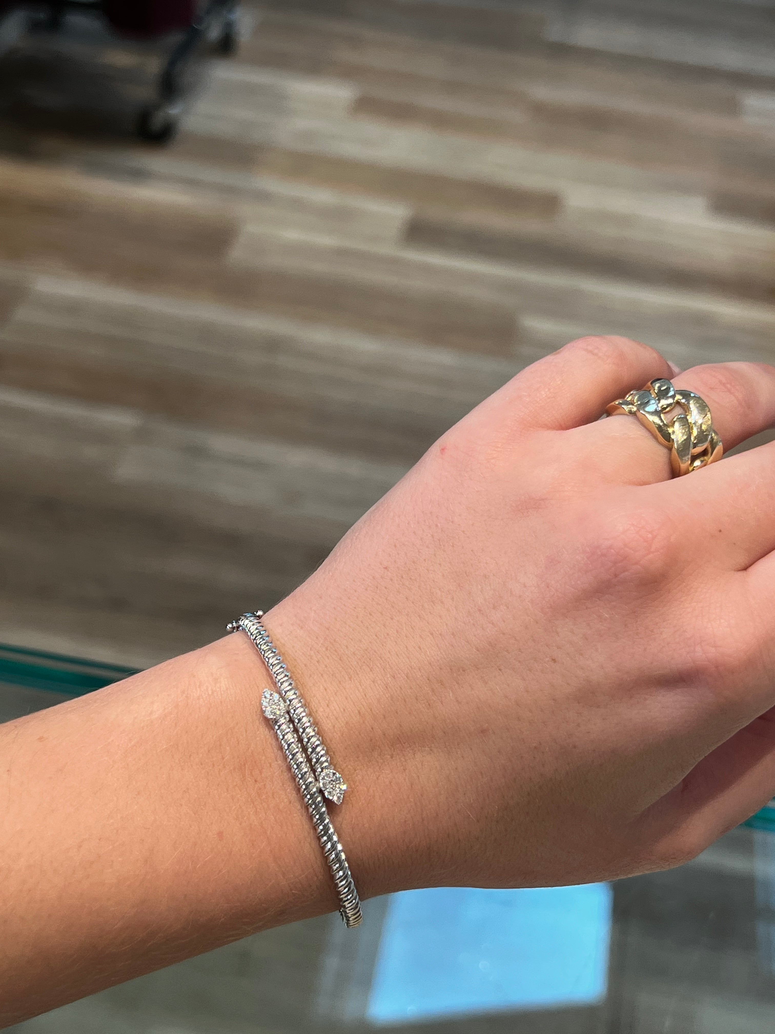 WD1882 14kt Gold Twist with Pave Diamond Open Bangle Bracelet