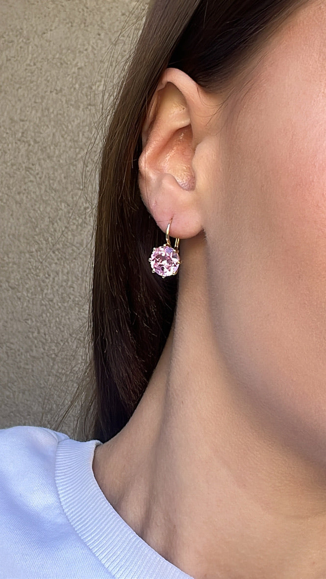 WD1672 14KT GOLD Round Cut Pink Zircon Drop Earrings