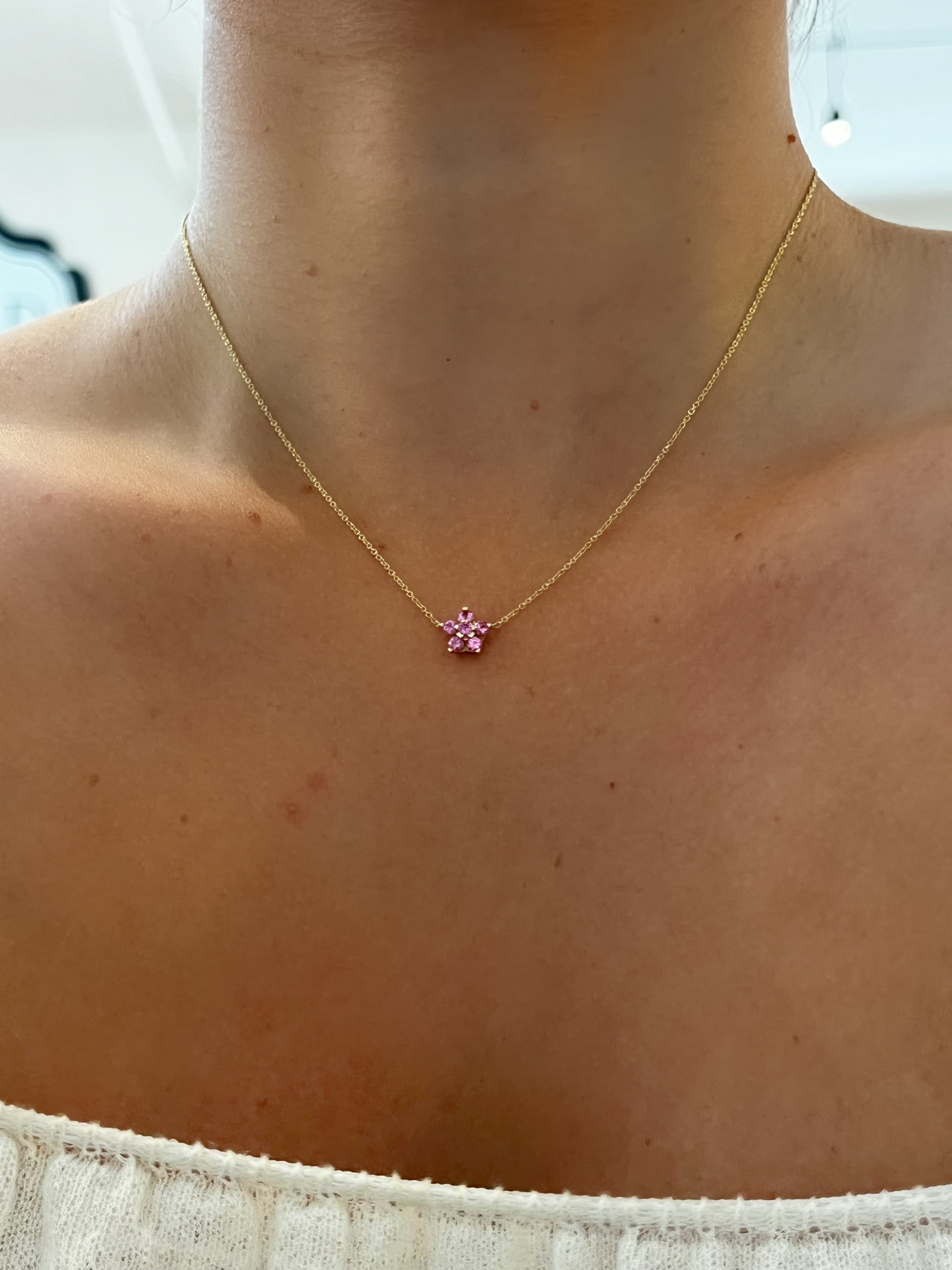 WD1957 14K Gold Pink Sapphire Flower Necklace