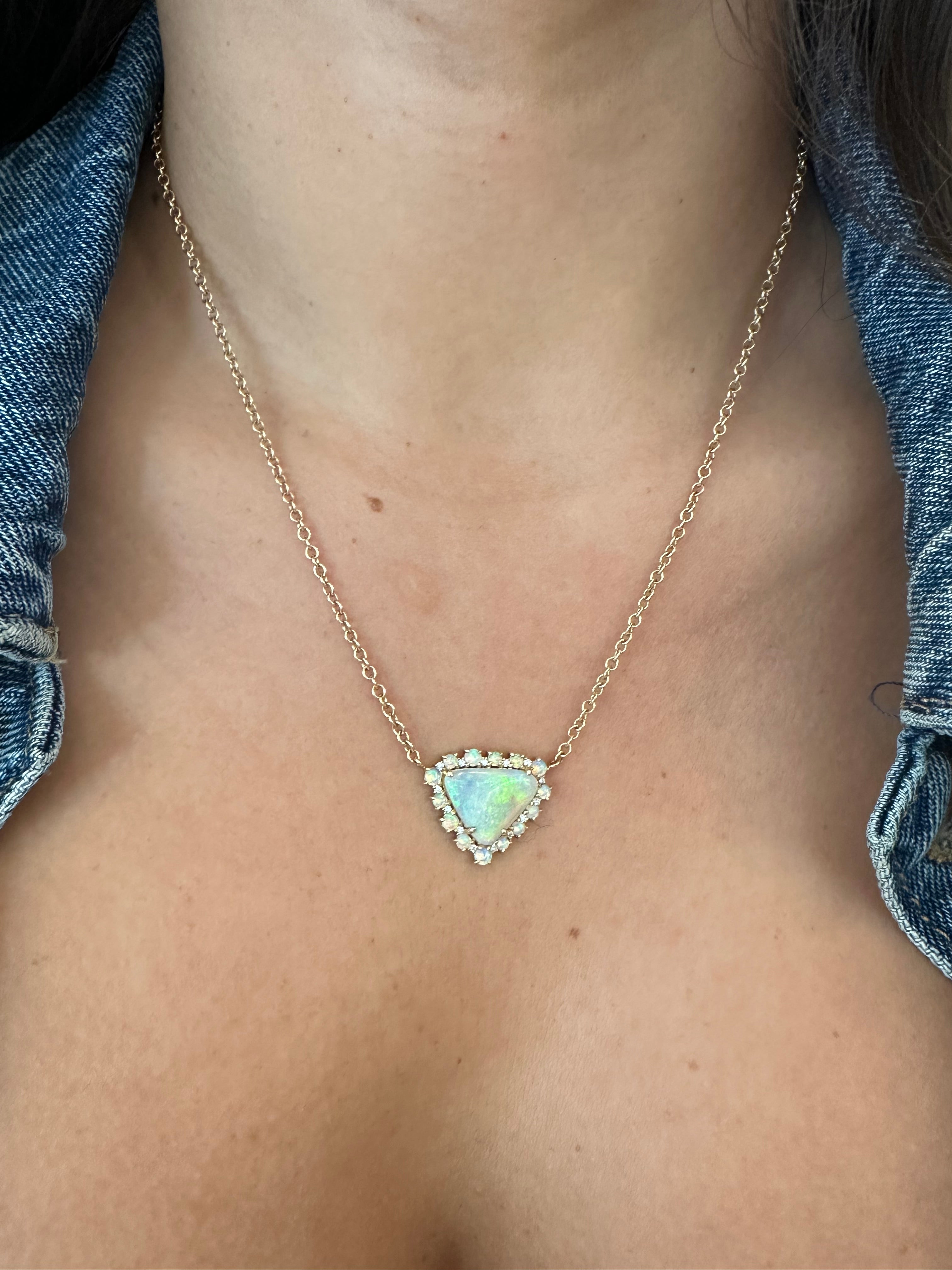 WD1335 14kt Gold Opal with Diamond and Opal Halo Necklace