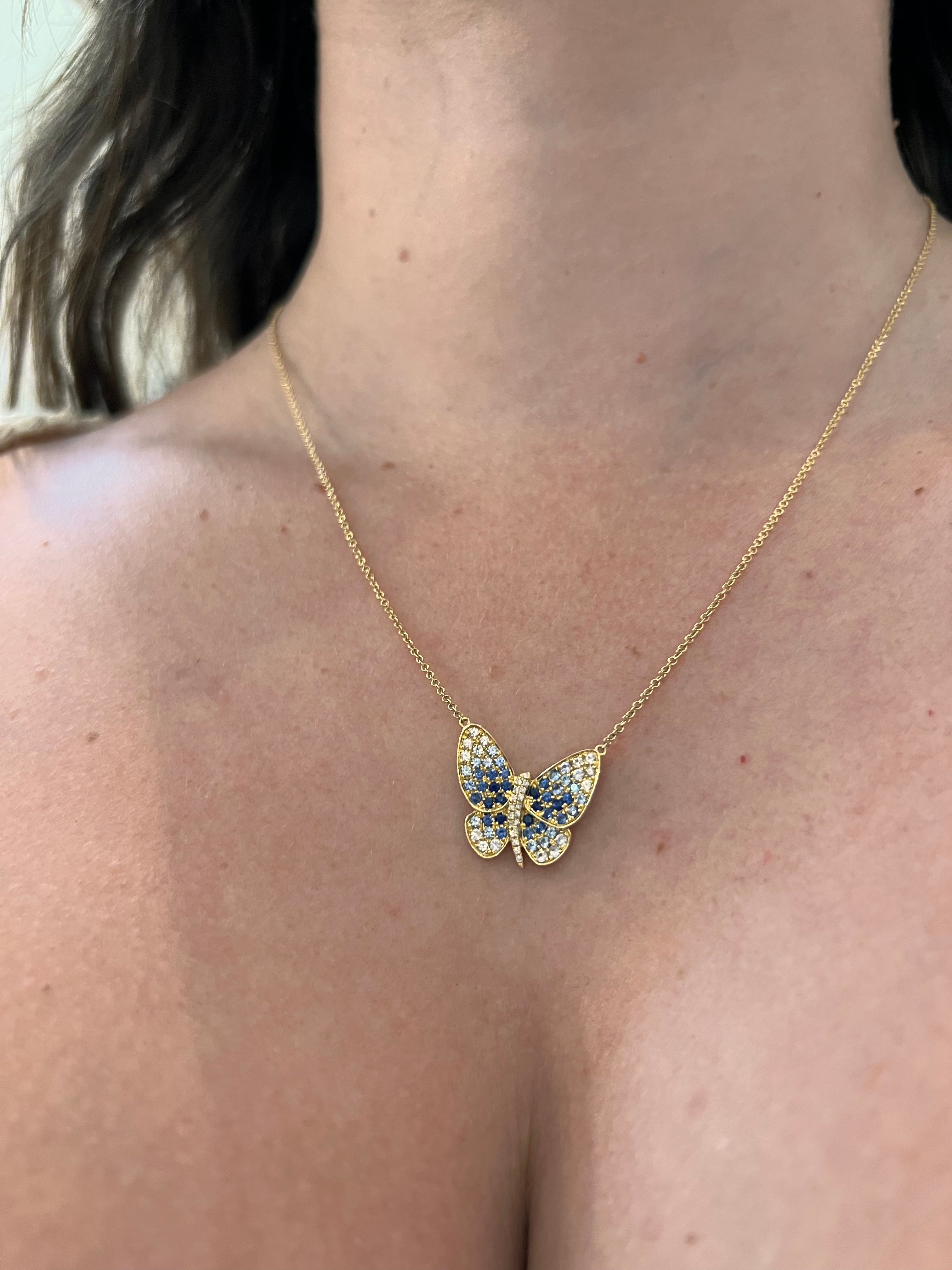 WD1324 14kt Gold Ombre White and Blue Sapphire Butterfly Necklace