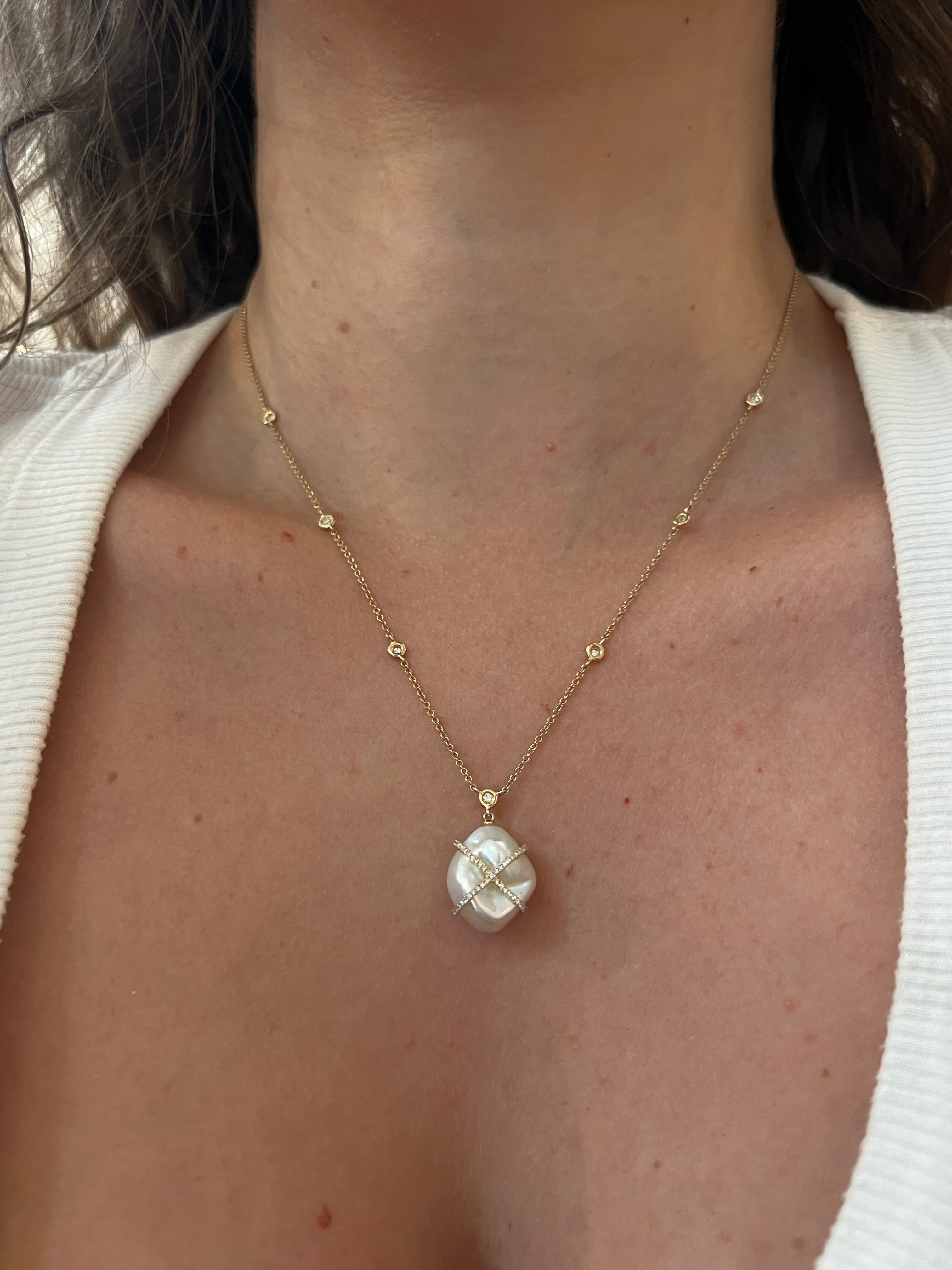 WD1959 14K Gold Baroque Pearl & Diamond Necklace