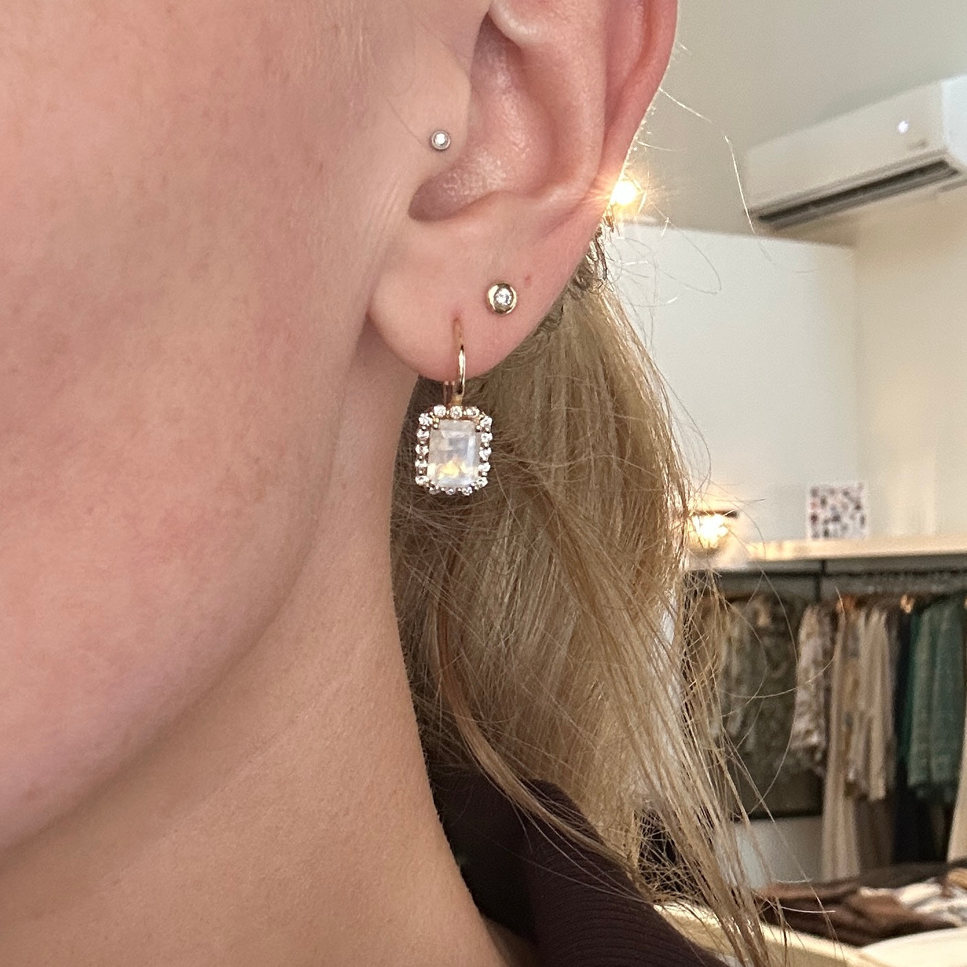 WD1813 14kt Gold Emerald Cut Moonstone with Diamond Halo o