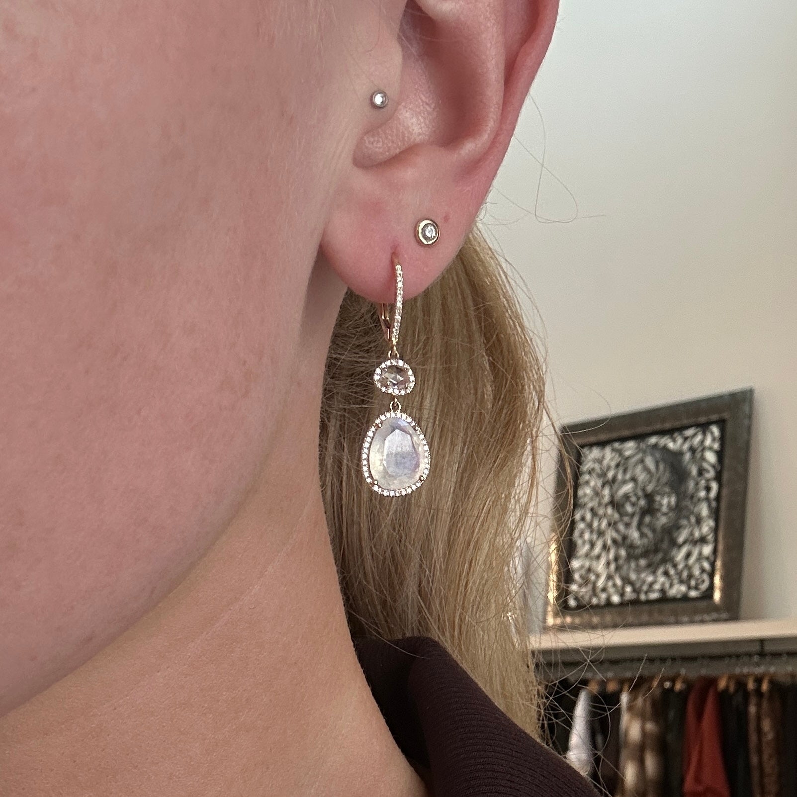 WD1808 14kt Gold Organic Moonstone Earrings with Pave Diamond Halos