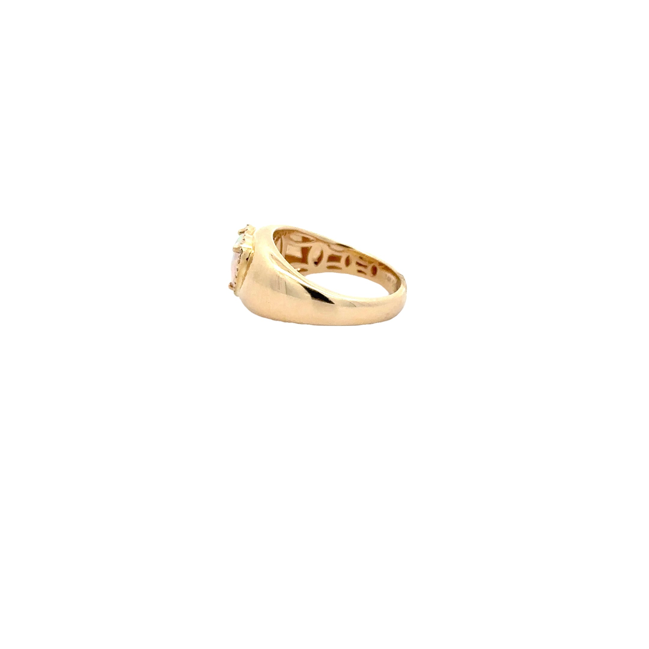 WD1721 14kt Gold Cigar Band with Opal Heart Center Detailed with Diamond Halo