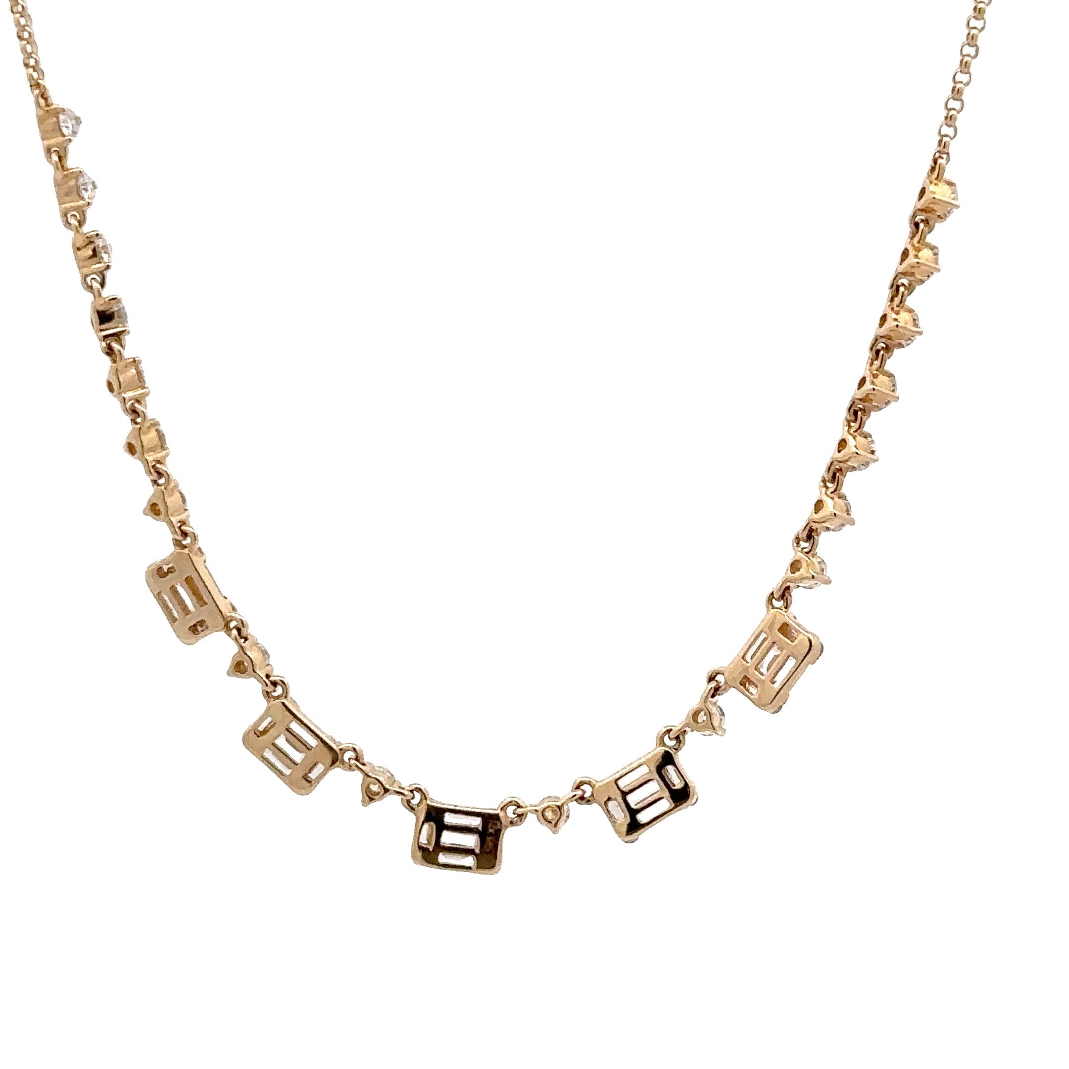 WD1786 14kt Gold Round and Baguette Diamond Semi Tennis Necklace